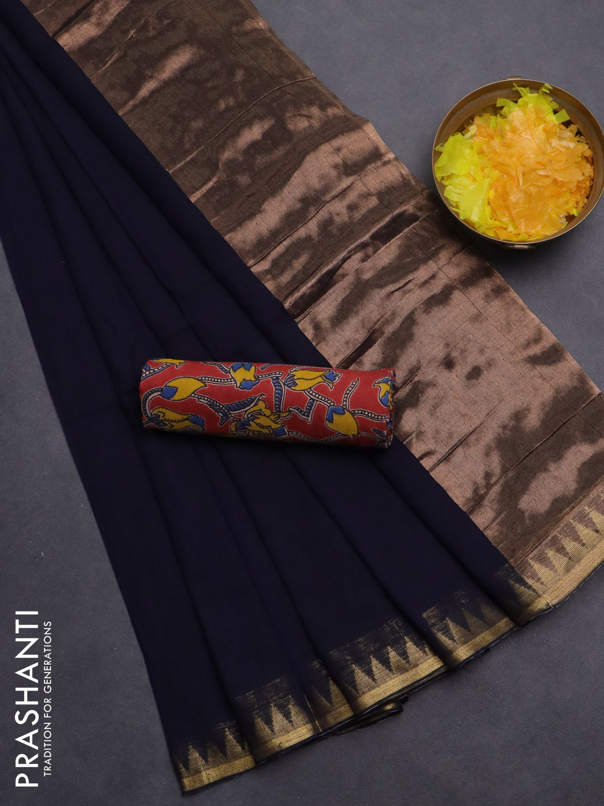 Bengal soft cotton saree navy blue and red with plain body and zari woven border
