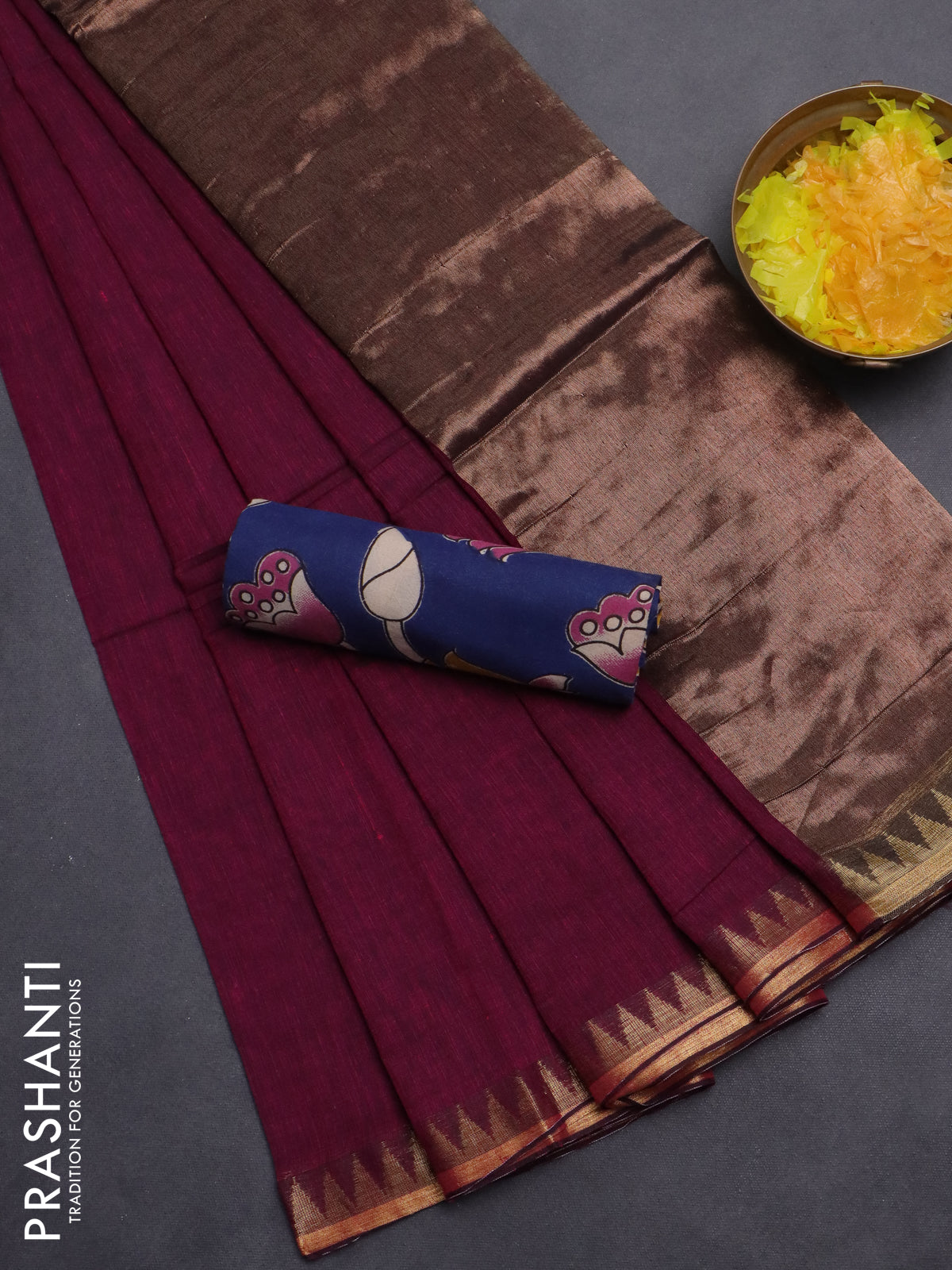 Bengal soft cotton saree magenta pink and blue with plain body and zari woven border