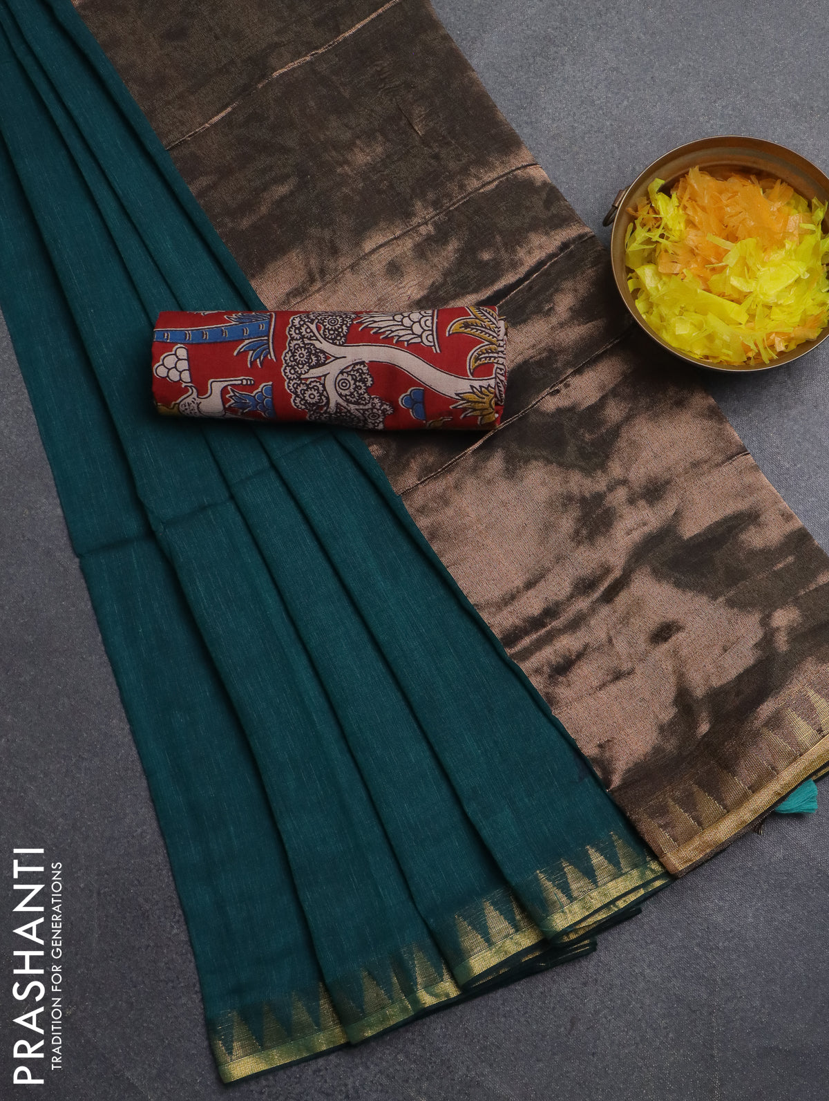 Bengal soft cotton saree teal green and red with plain body and zari woven border