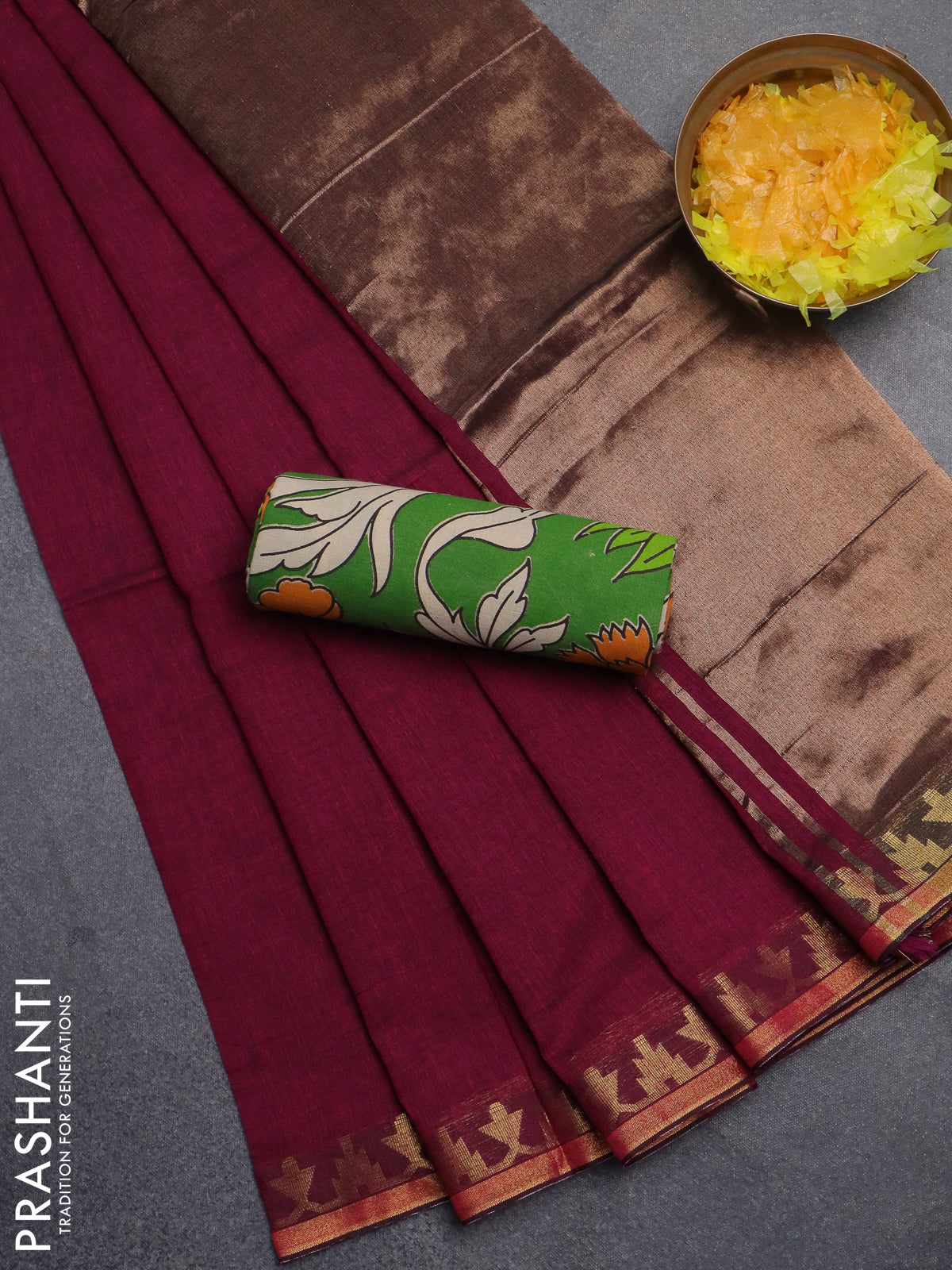 Bengal soft cotton saree dark magenta pink and green with plain body and zari woven border