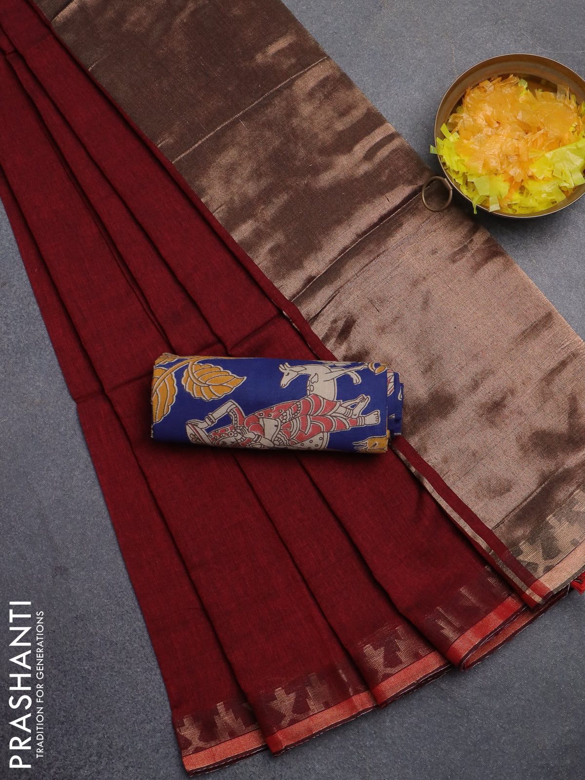 Bengal soft cotton saree maroon and blue with plain body and zari woven border