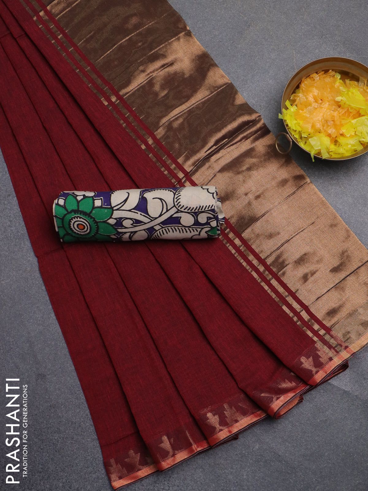 Bengal soft cotton saree maroon and blue with plain body and zari woven border