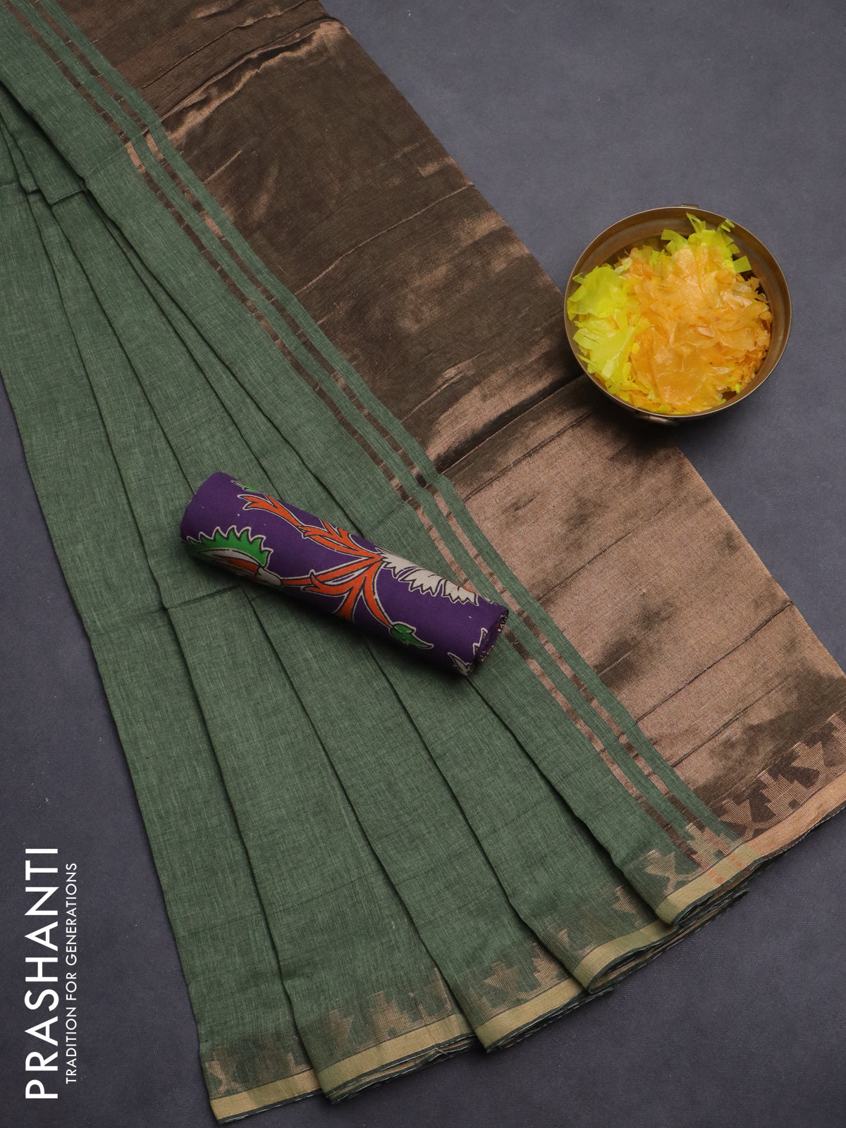 Bengal soft cotton saree green shade and violet with plain body and zari woven border
