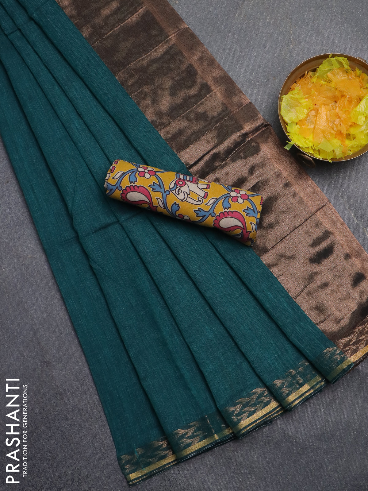 Bengal soft cotton saree teal green and mustard yellow with plain body and zari woven border