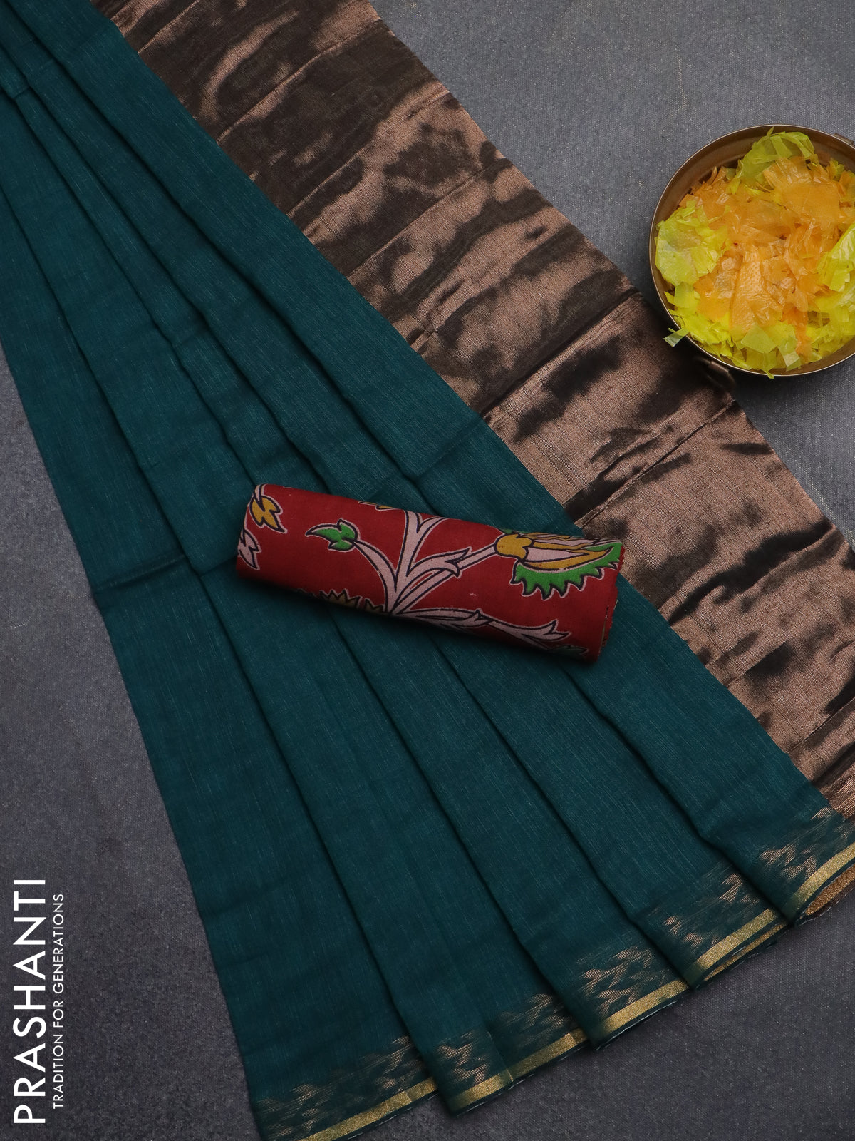 Bengal soft cotton saree teal green and maroon with plain body and zari woven border
