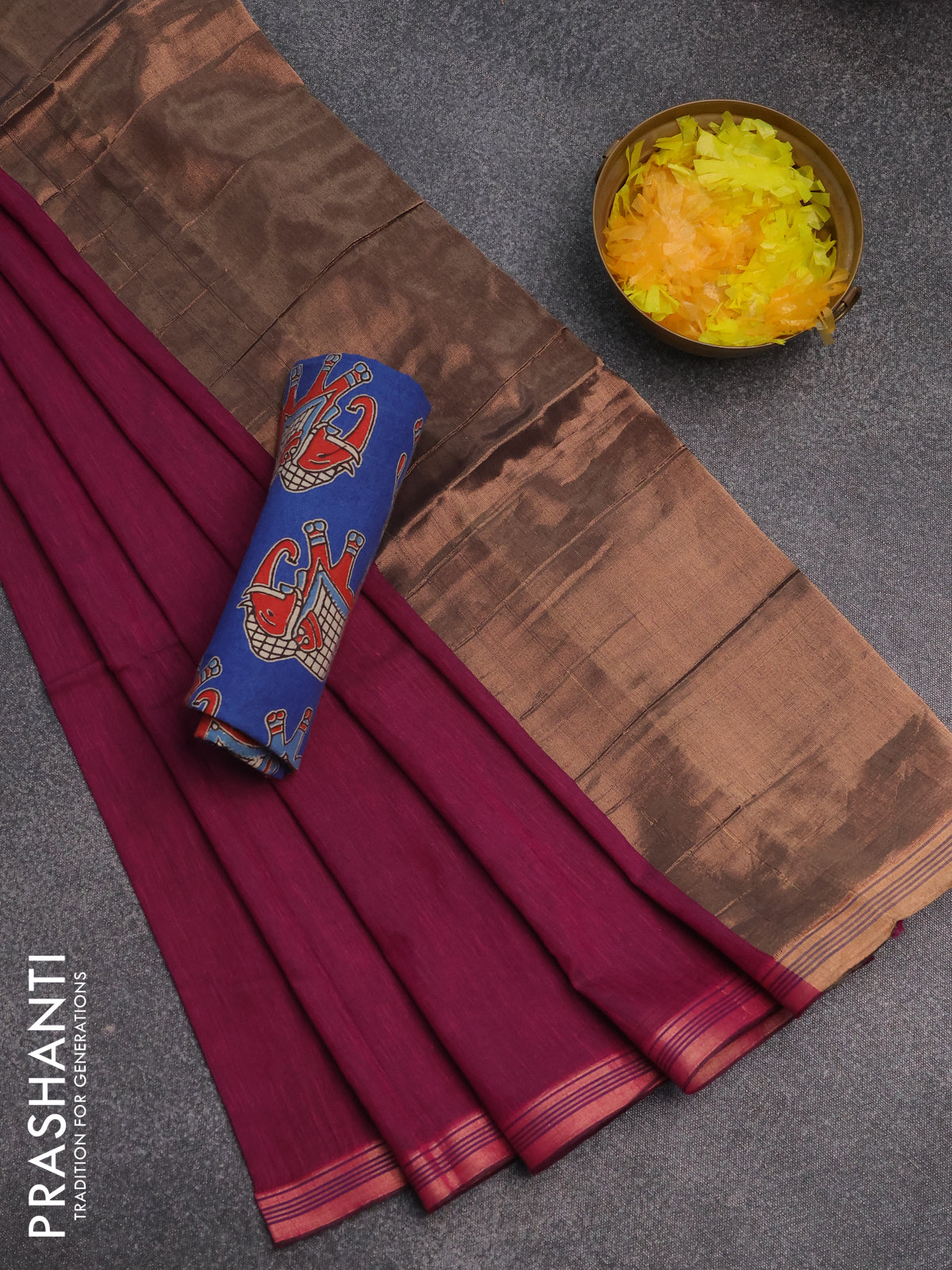 Bengal soft cotton saree dark magenta pink and blue with plain body and zari woven border