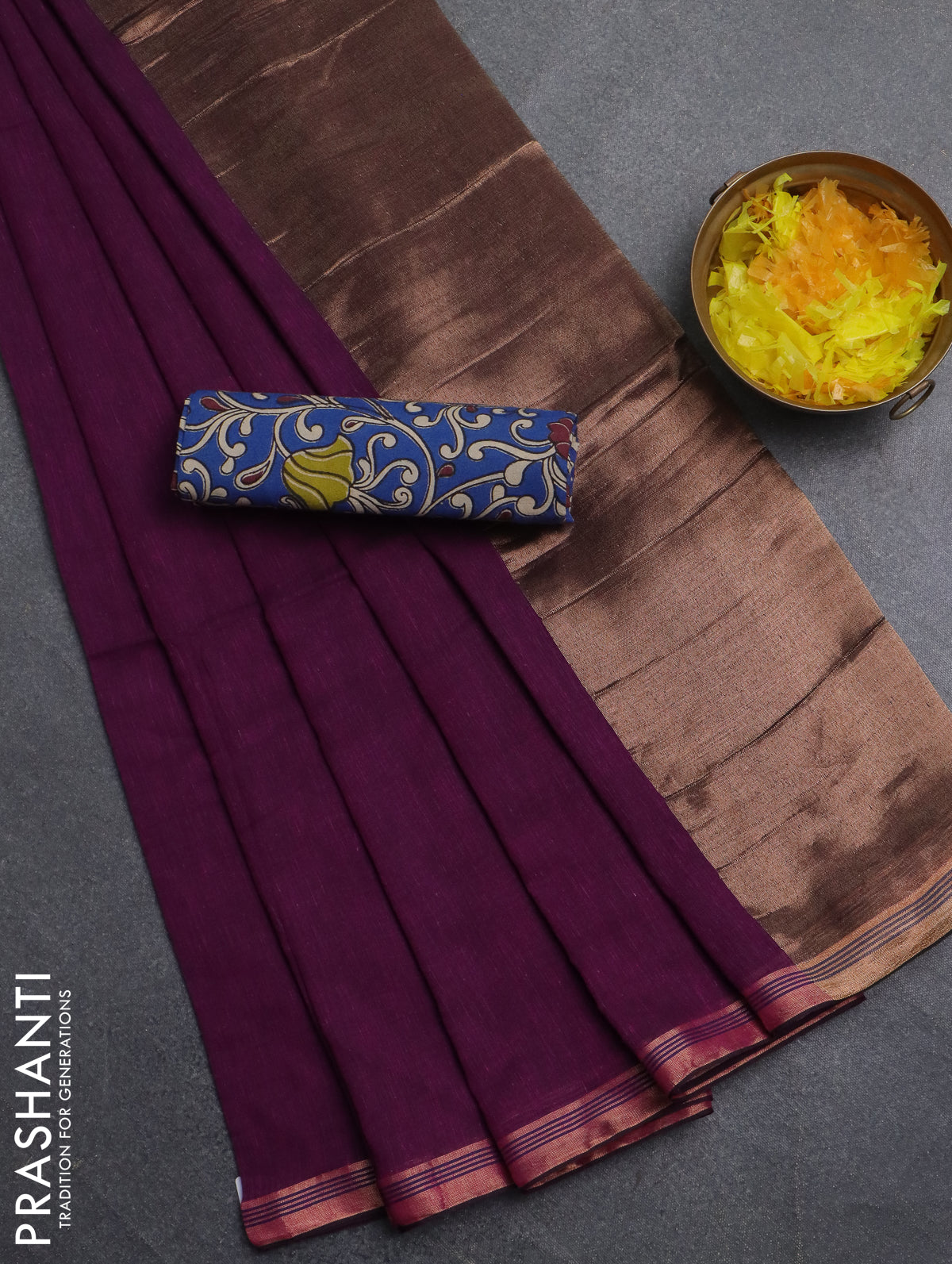 Bengal soft cotton saree purple and blue with plain body and zari woven border