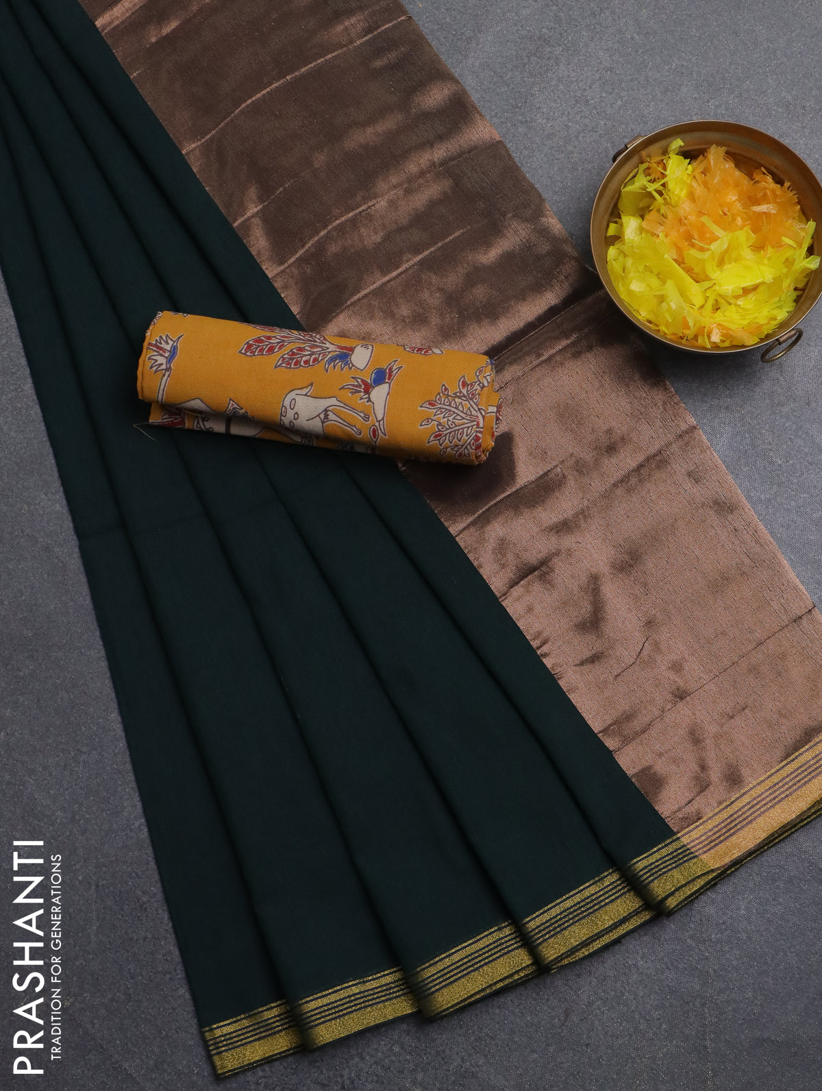 Bengal soft cotton saree bottle green and mustard yellow with plain body and zari woven border
