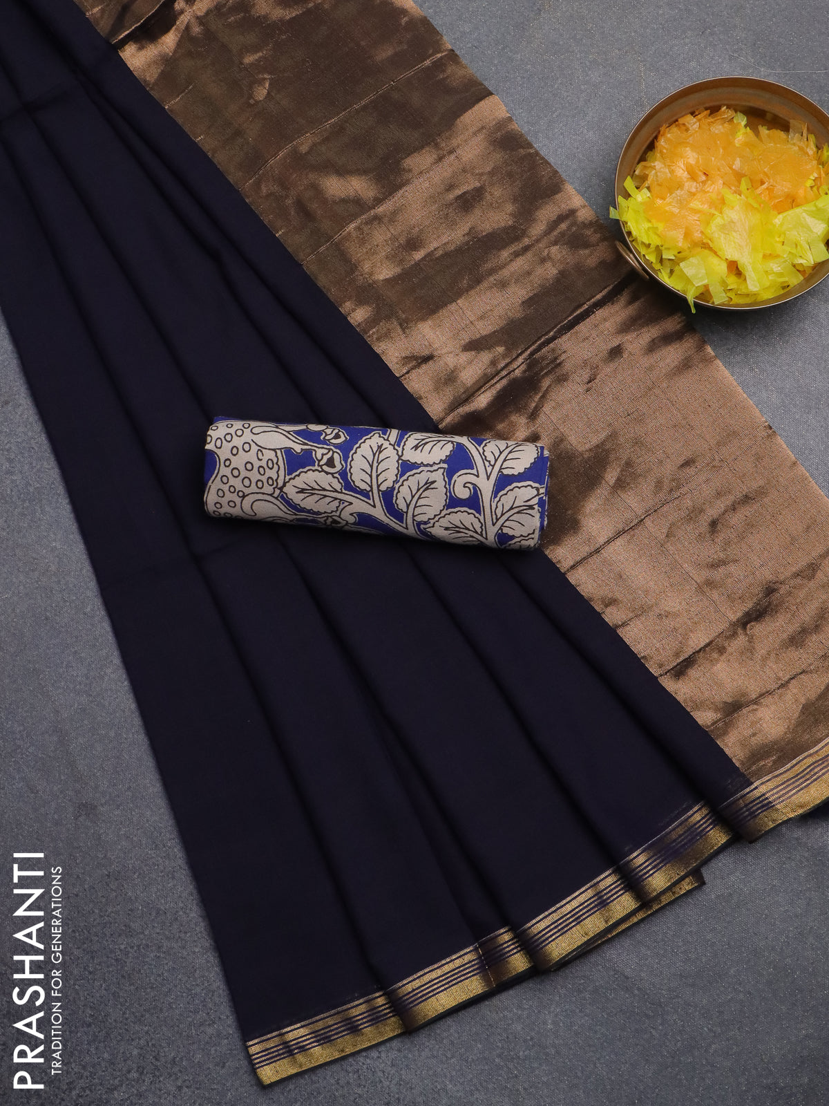 Bengal soft cotton saree deep navy blue and blue with plain body and zari woven border