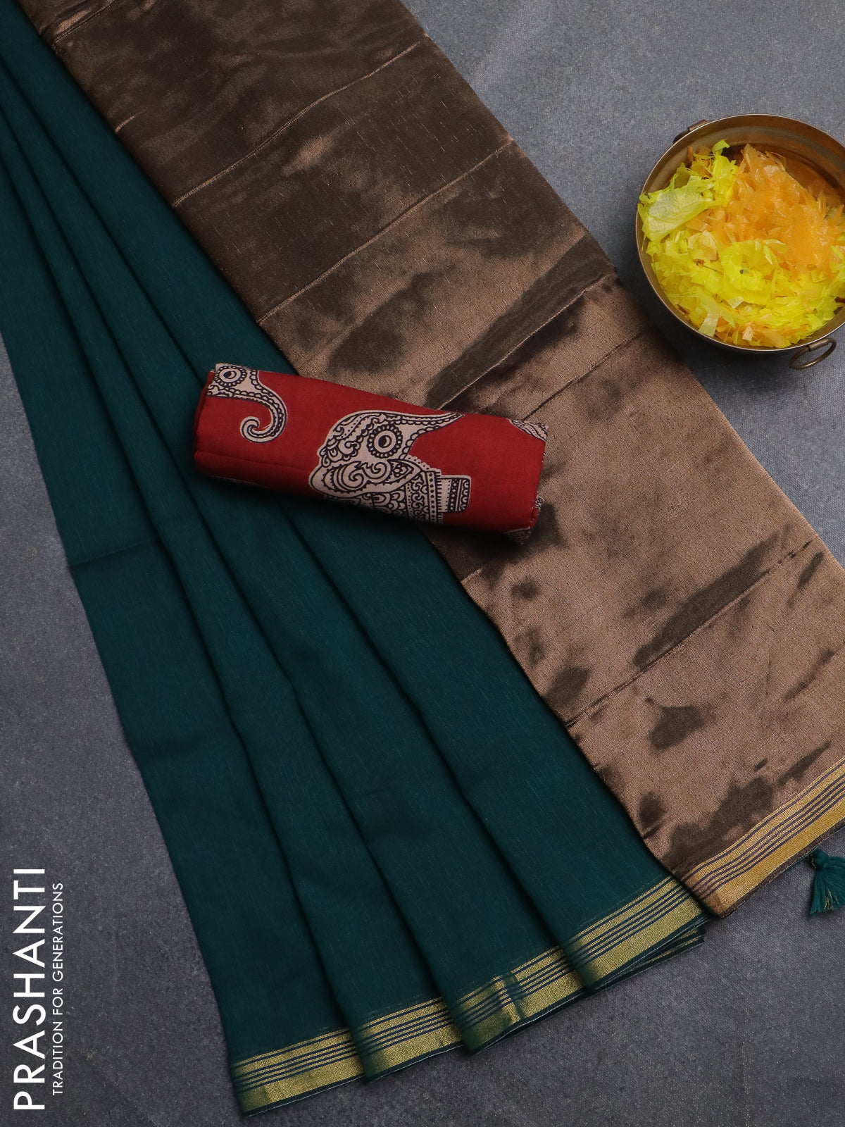 Bengal soft cotton saree teal green and maroon with plain body and zari woven border