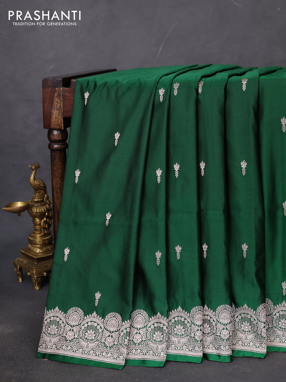 Banarasi semi mushru silk saree green with allover zari woven buttas and zari woven border