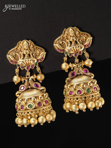 Antique jhumka lakshmi design with kemp stone and golden beads hangings