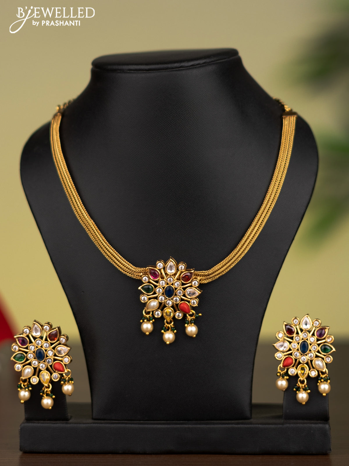 Antique attigai necklace with navaratna & cz  stones and pearl hangings