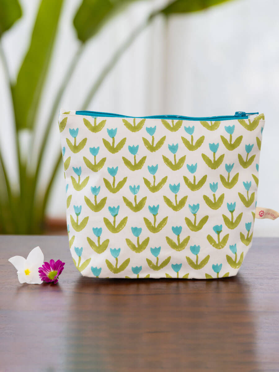 Tiny Tulip Hand Block Print Cotton Travel Pouch