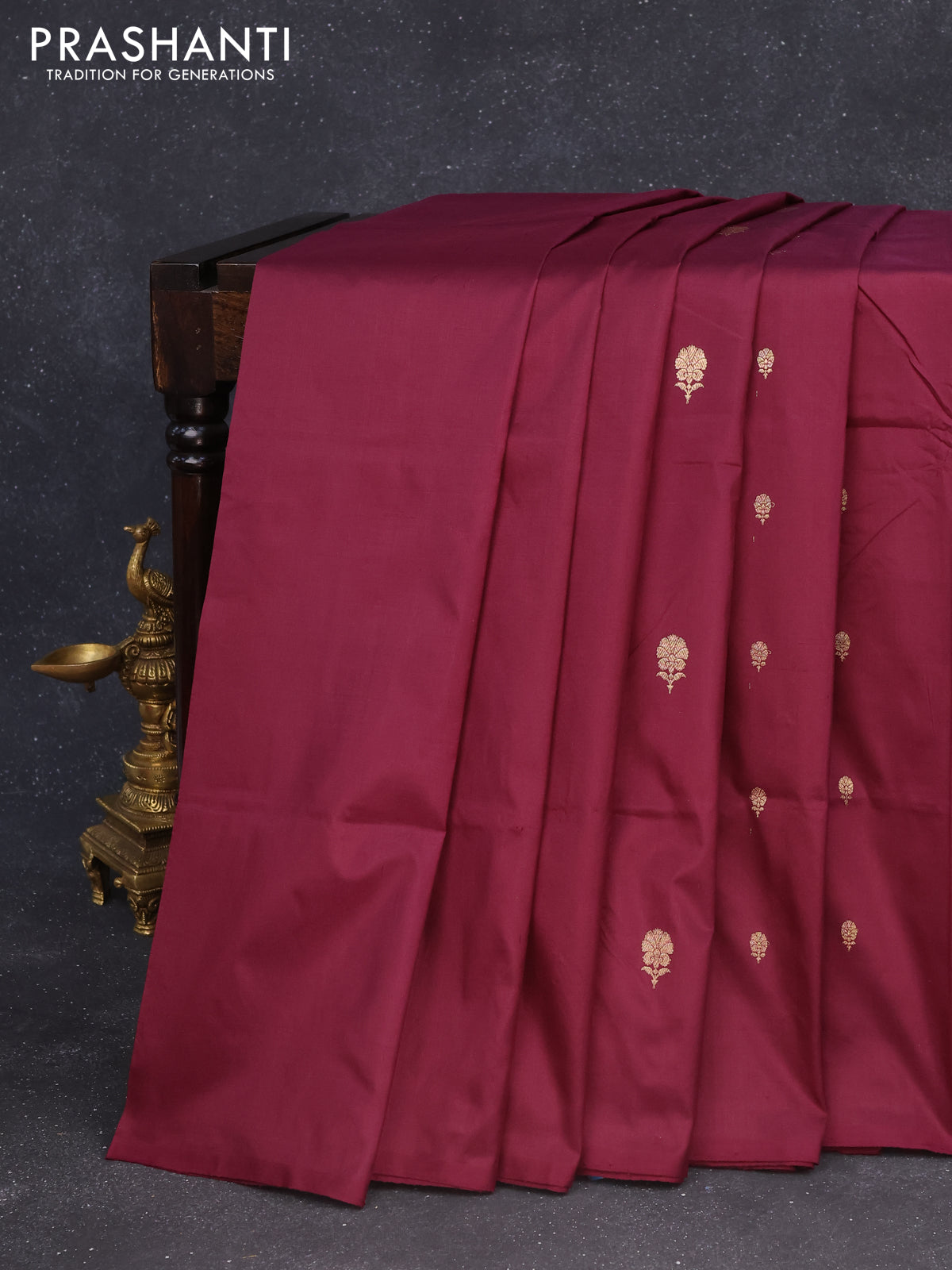 Banarasi katan silk saree wine shade with zari woven buttas in borderless style