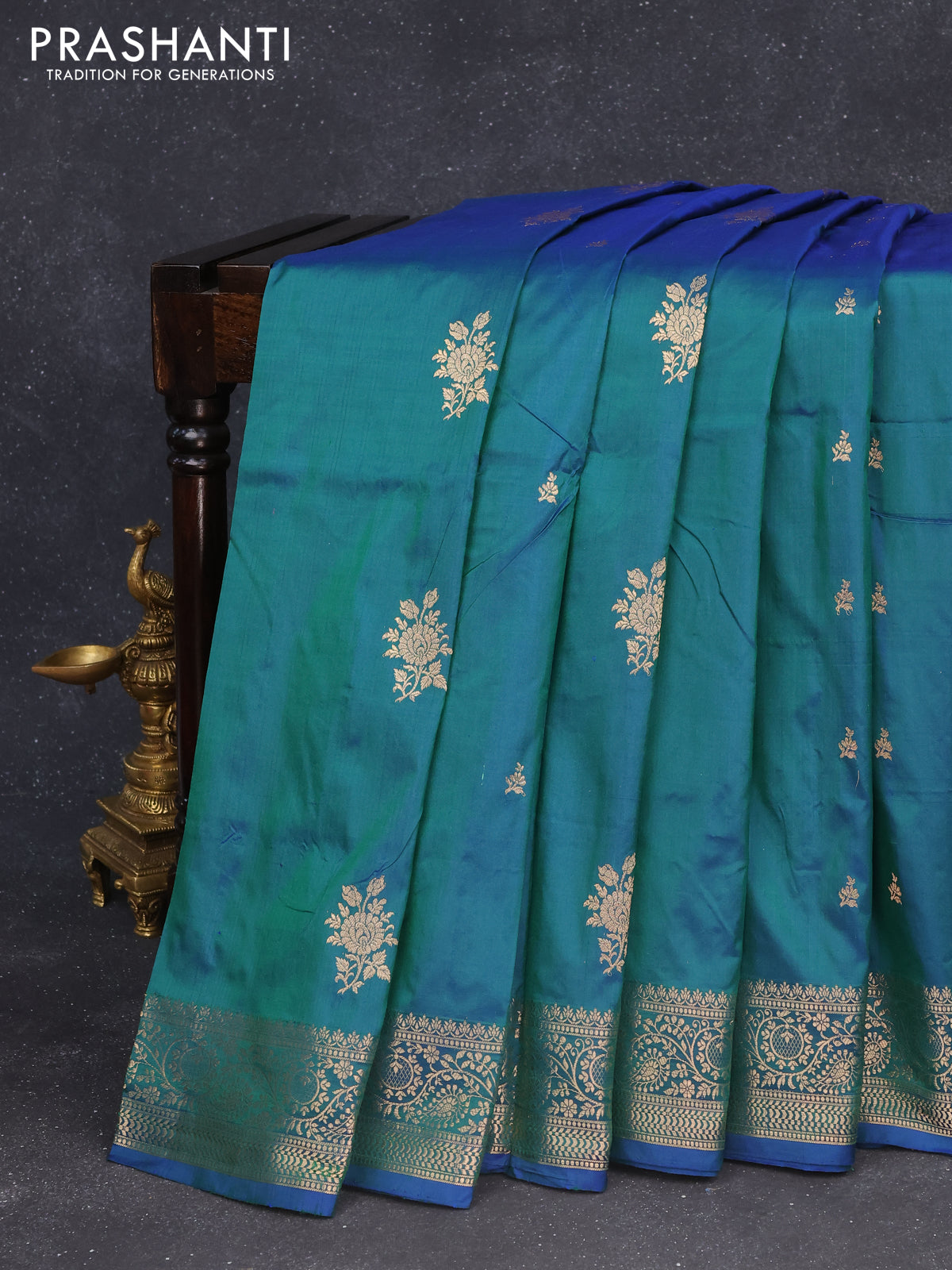 Banarasi katan silk saree dual shade of greenish blue with zari woven buttas and zari woven border