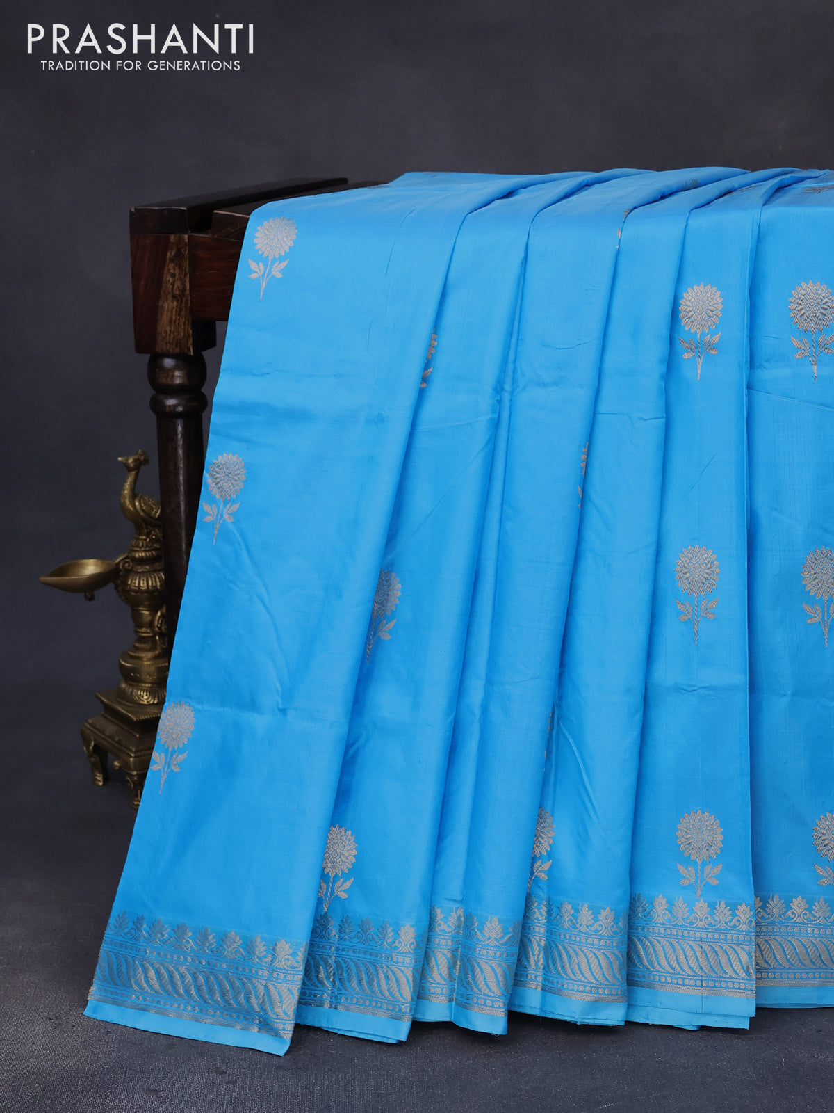 Banarasi katan silk saree light blue with zari woven buttas and zari woven border