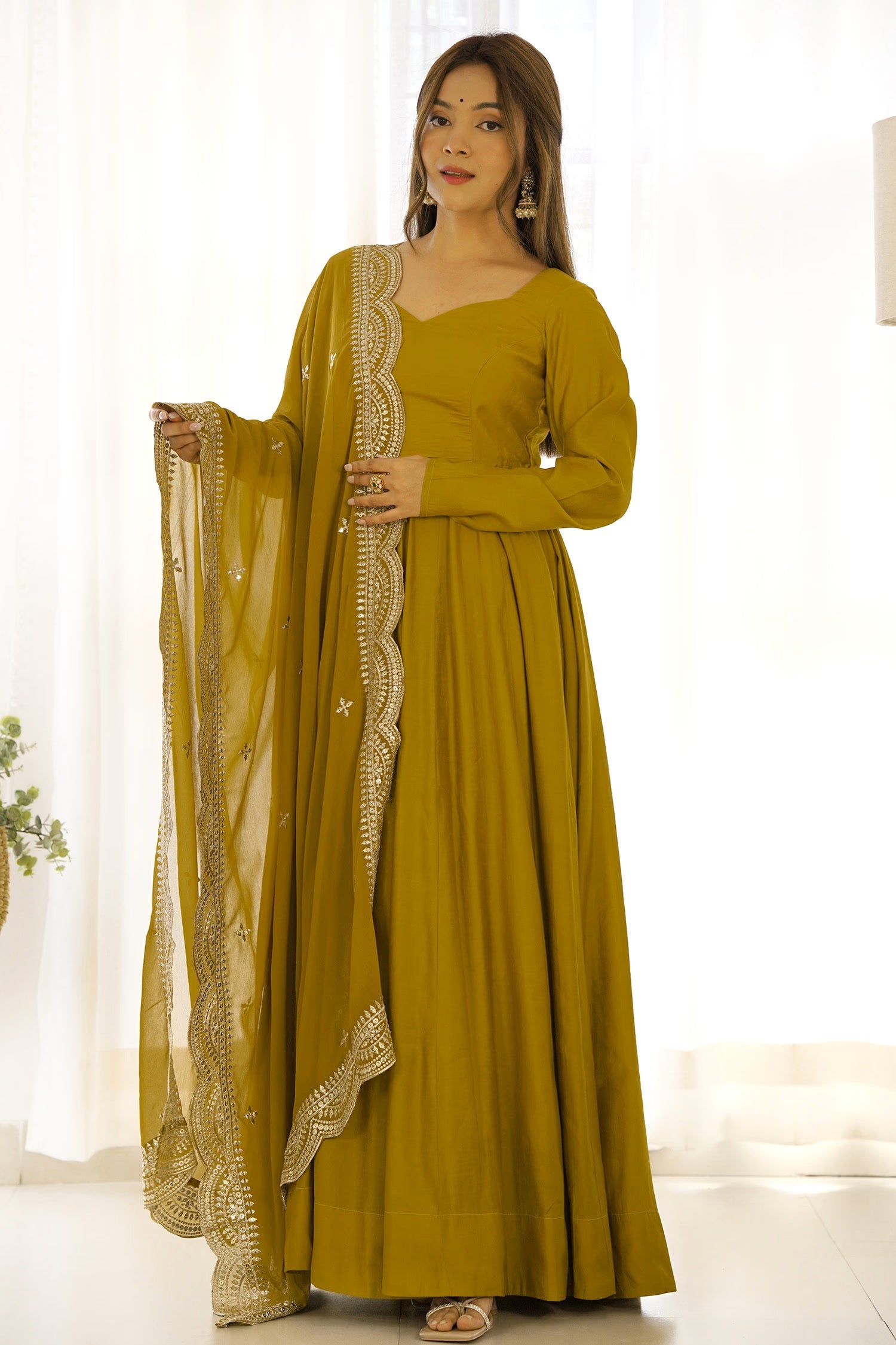 Bright Mehndi Chanderi Solid Pattern Anarkali Set
