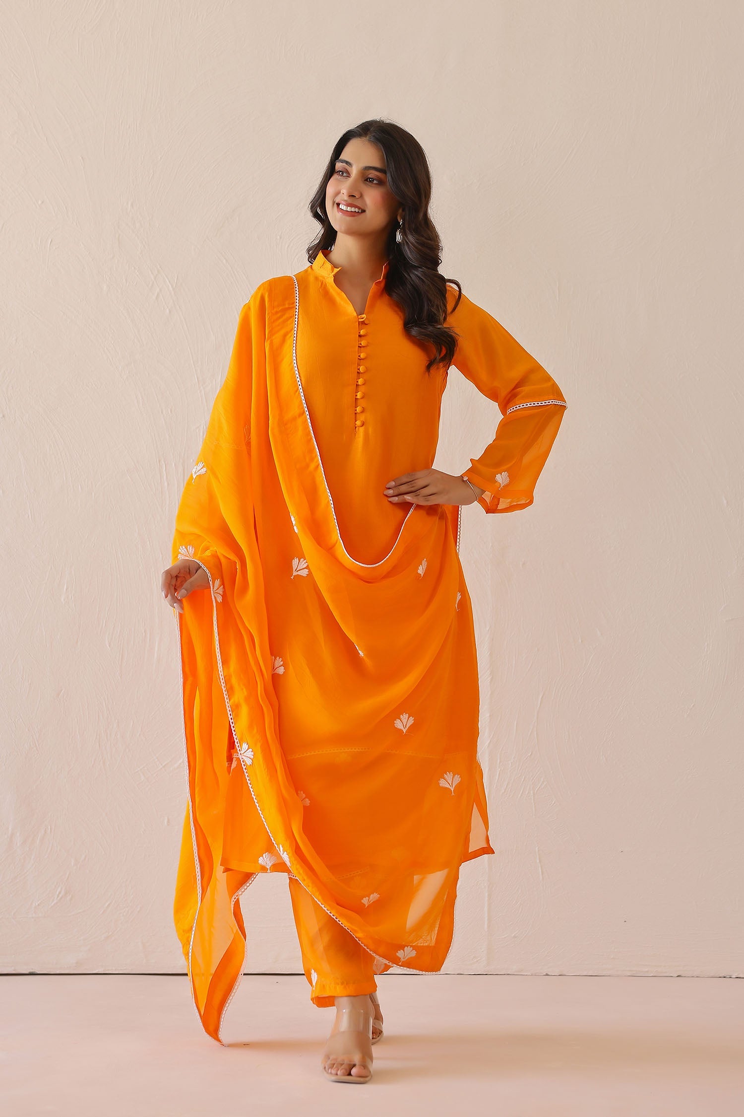 Bright Orange Russian Silk Solid Kurti Set