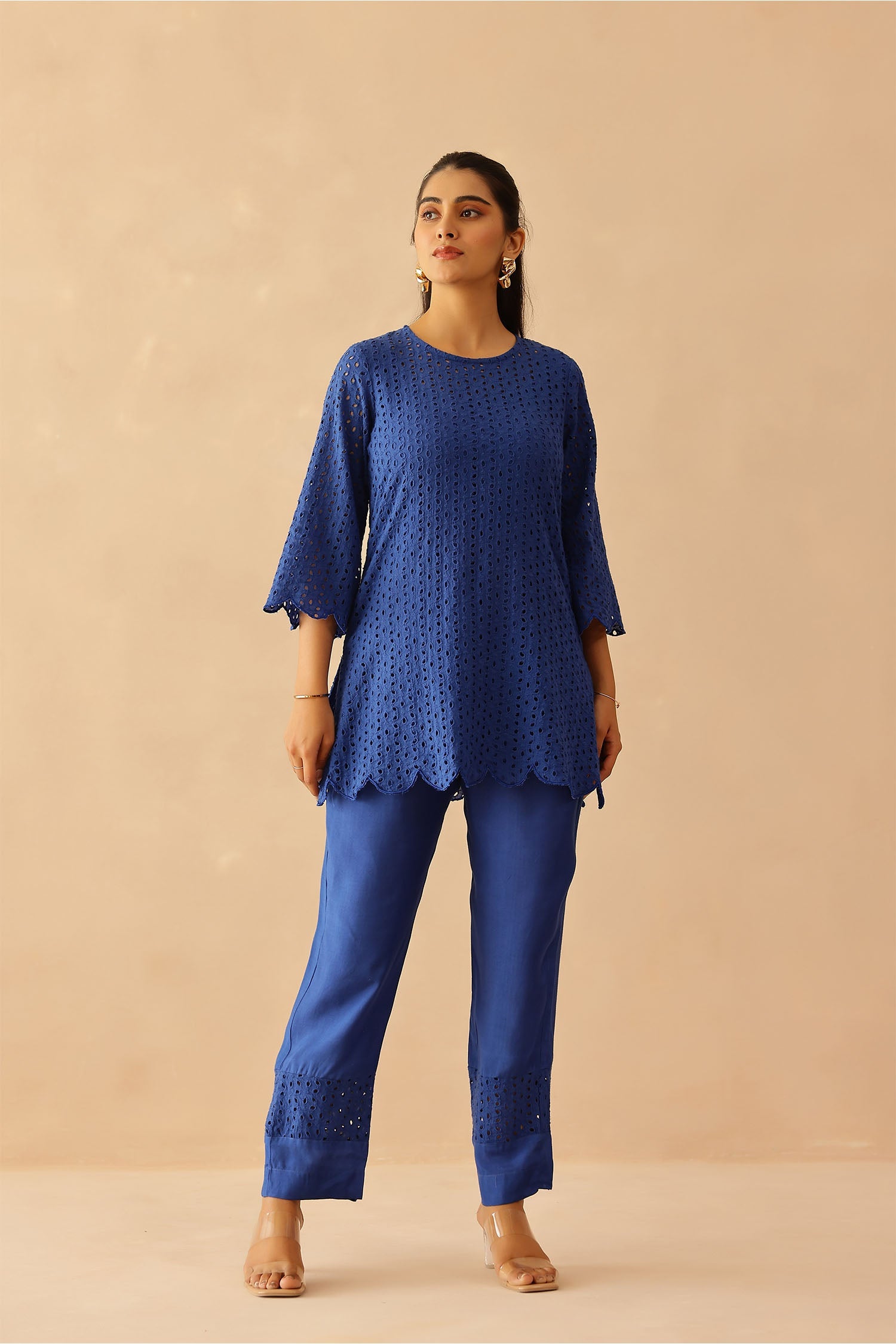 Aster Blue Cotton Cut Work Co-Ord Set