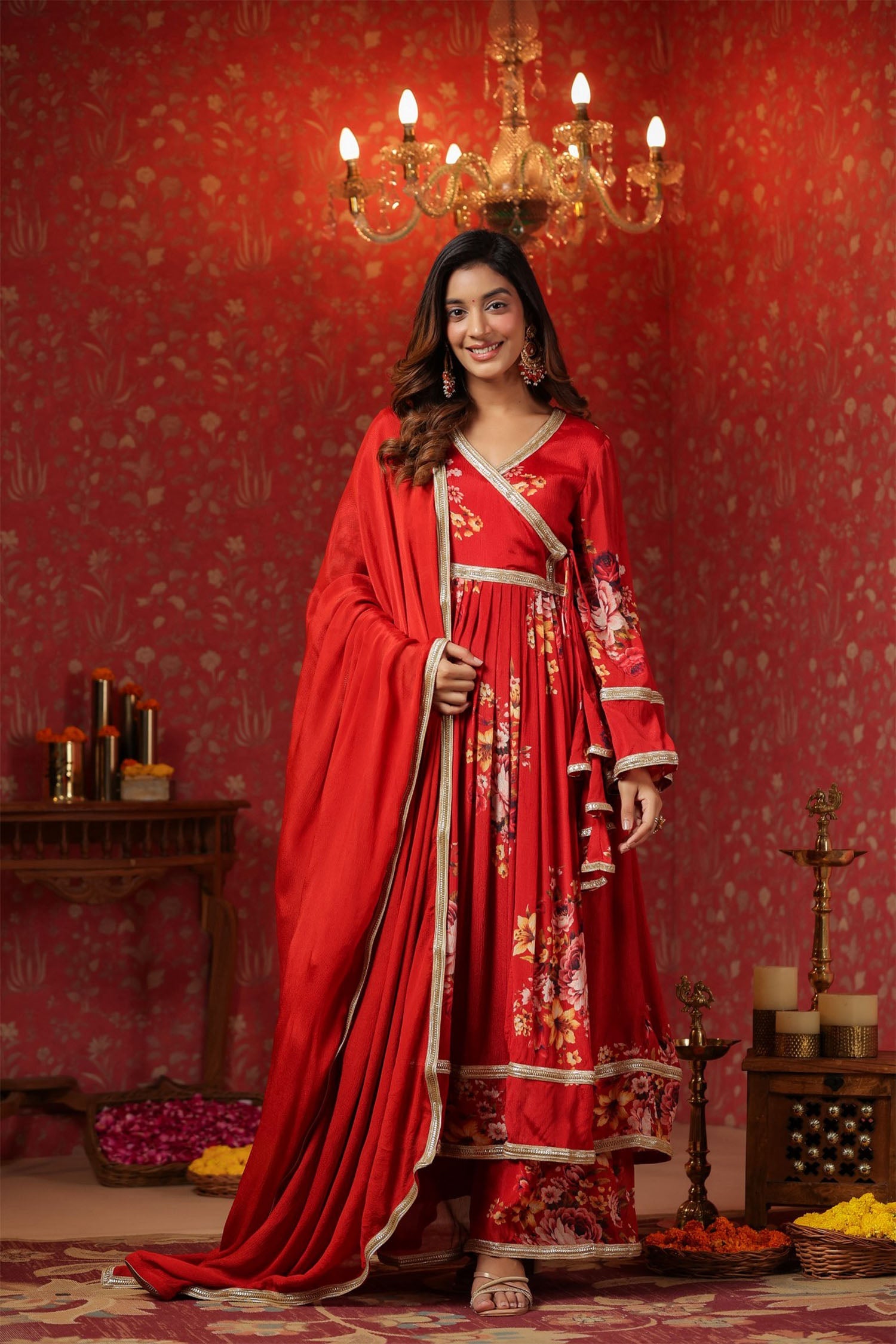 Bright Red Chinon Floral Printed Anarkali Set