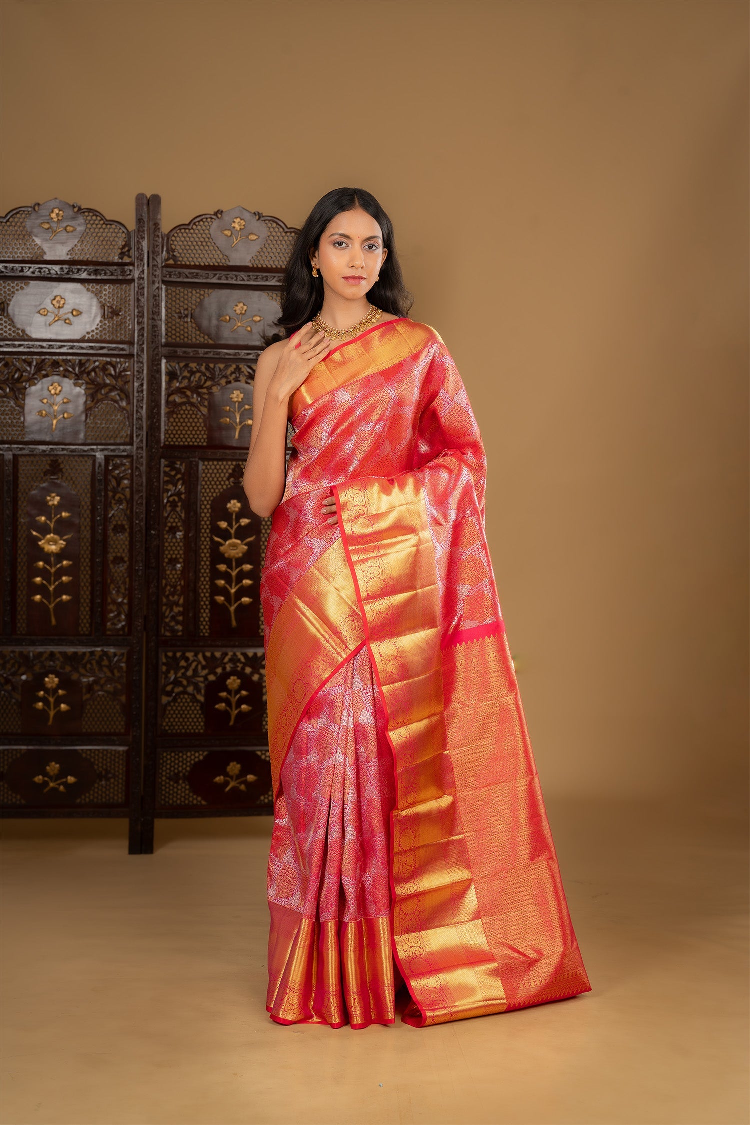 Bright Pink Floral Kanjivaram Silk Saree