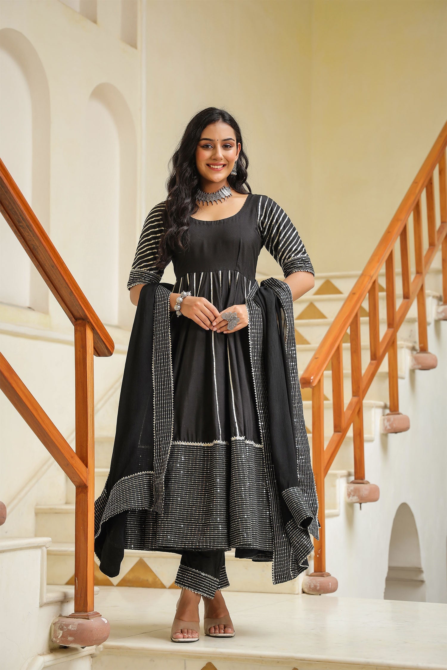Black Cotton Silk Gota Work Anarkali Set