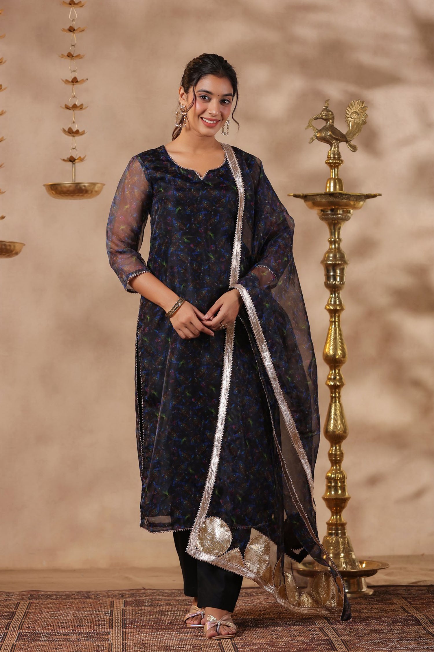 Black Organza Floral Printed Kurti Set