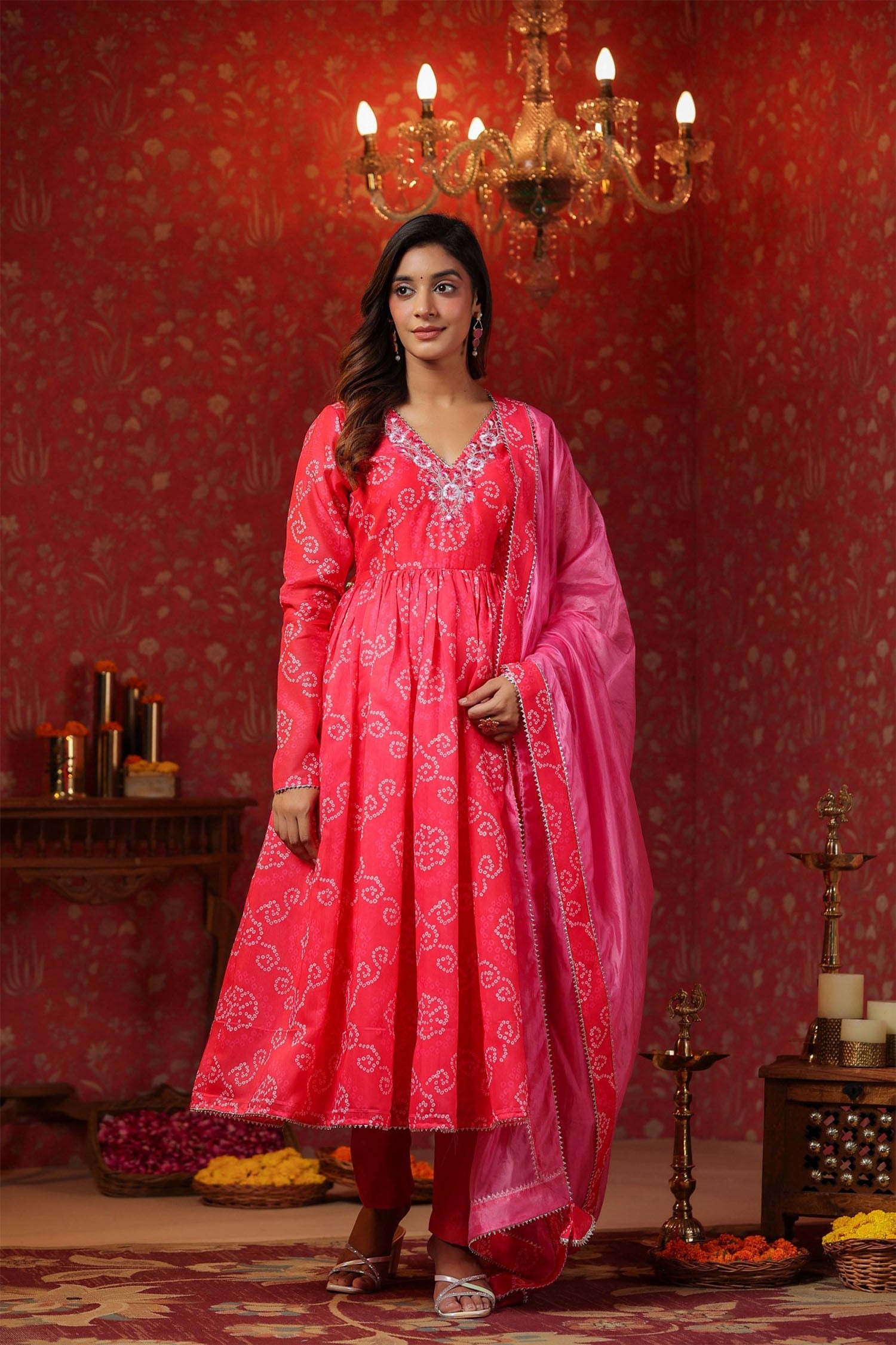 Bright Pink Chanderi Bandhani Printed Anarkali Set