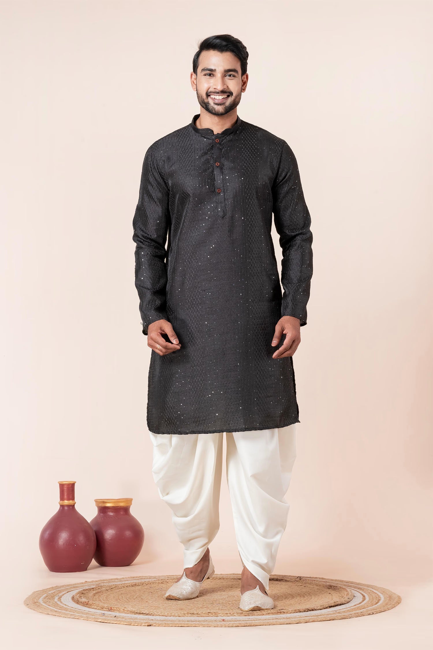 Black Silk Blend Embroidered Dhoti Set