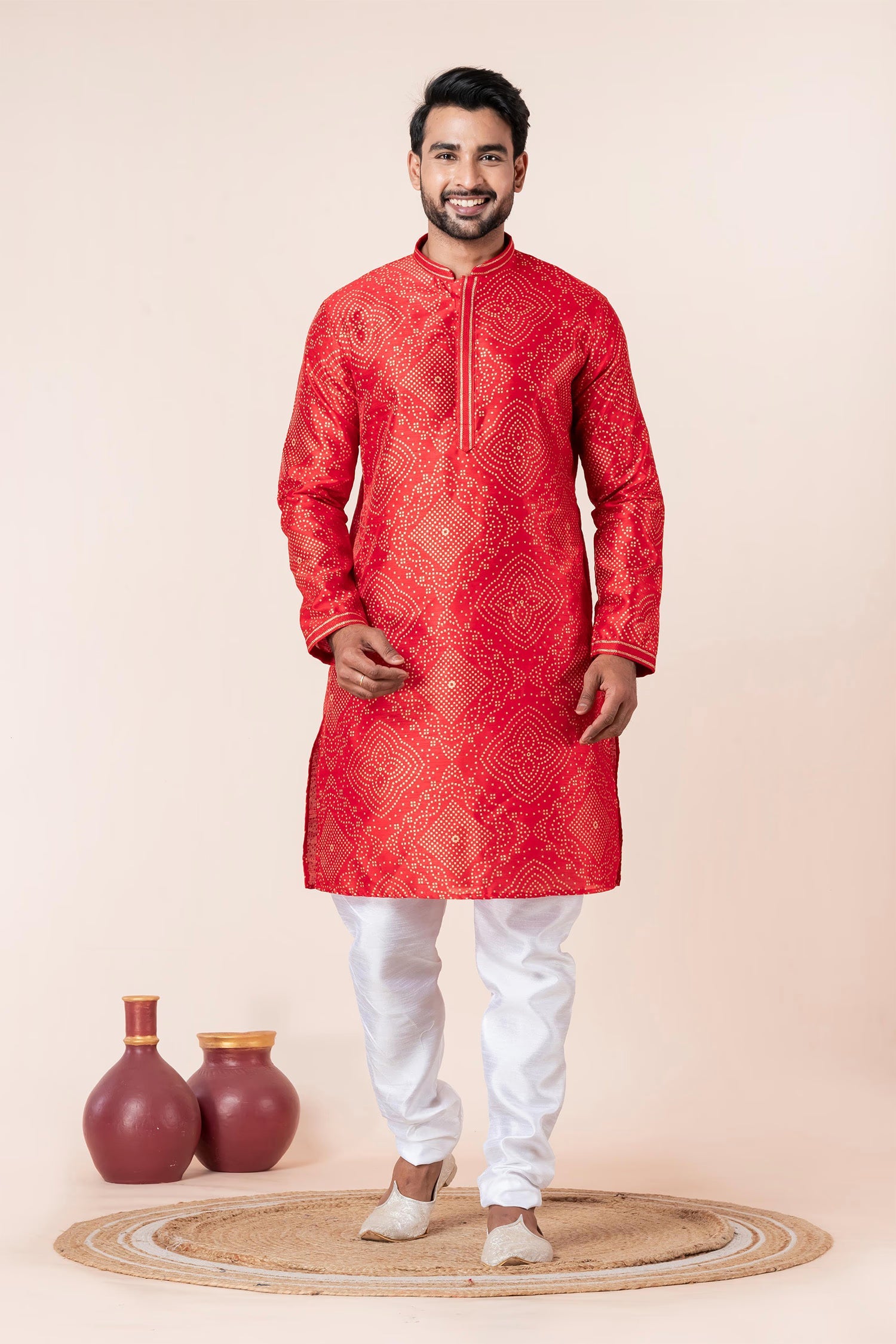 Bright Red Bandhani Printed Dupion Silk Kurta Set