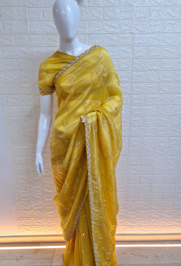 Golden Yellow Soft Kanjivaram Chhap Dying Saree – Thath Banaras