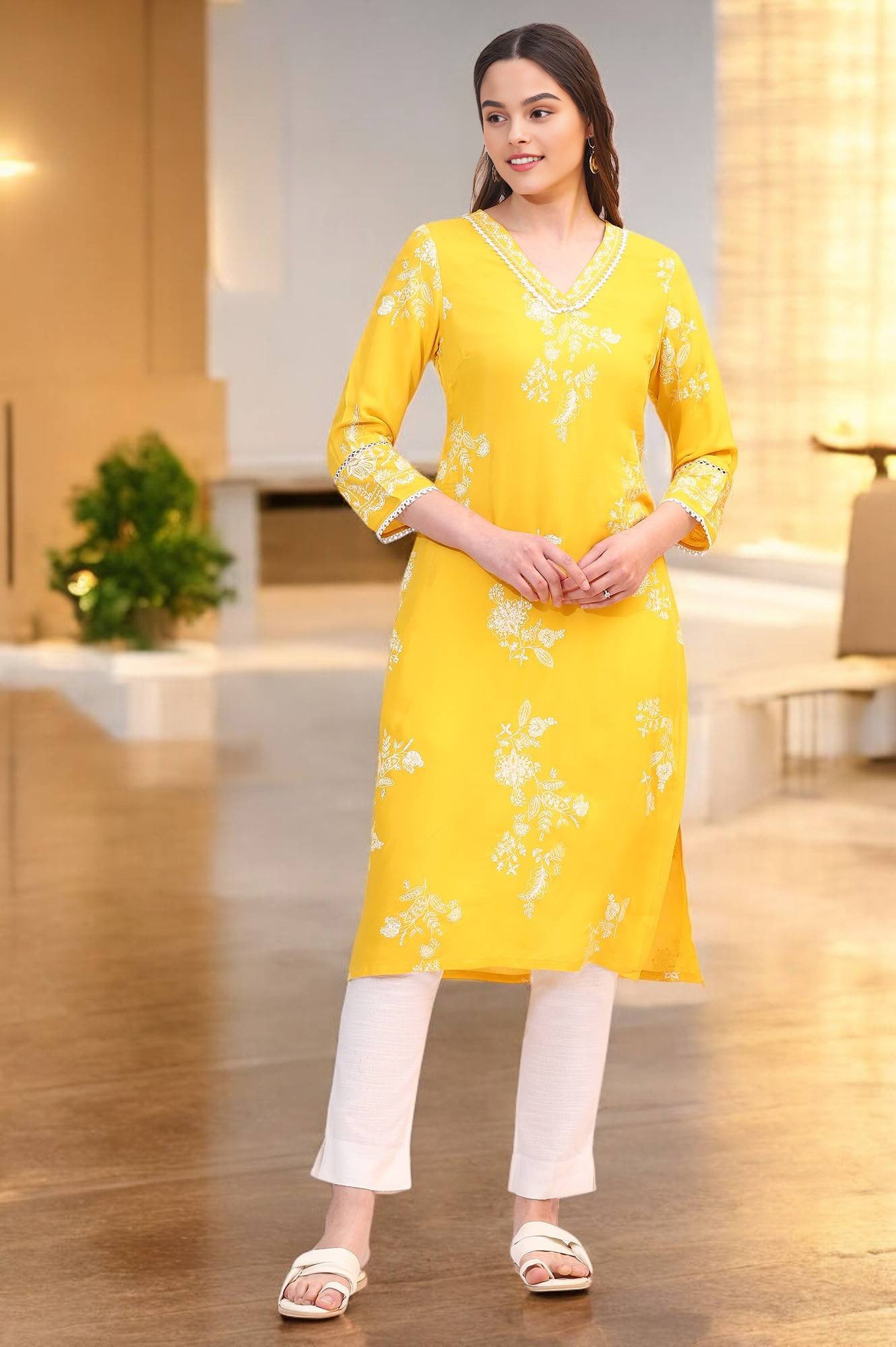 Mango Yellow Floral Printed Shantung A-line Kurta
