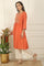 Orange Thread Embroidered Swiss Dot Cotton Flared Kurta