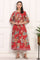 Red Floral Printed Flared Pure Cotton Kurta