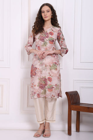 Beige Floral Printed Chanderi Straight Kurta