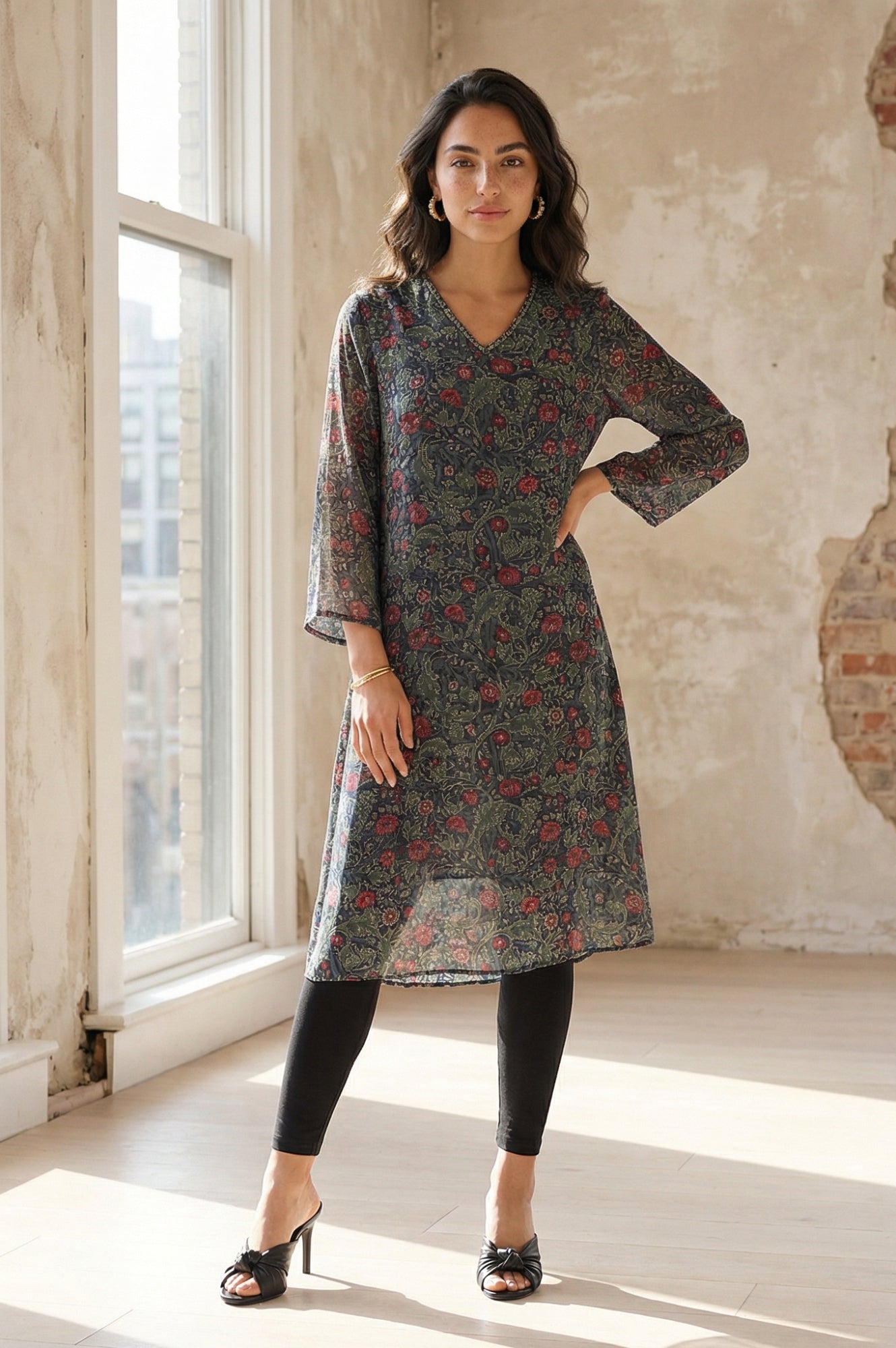 Black Floral Printed Sequins Chiffon Straight Kurta