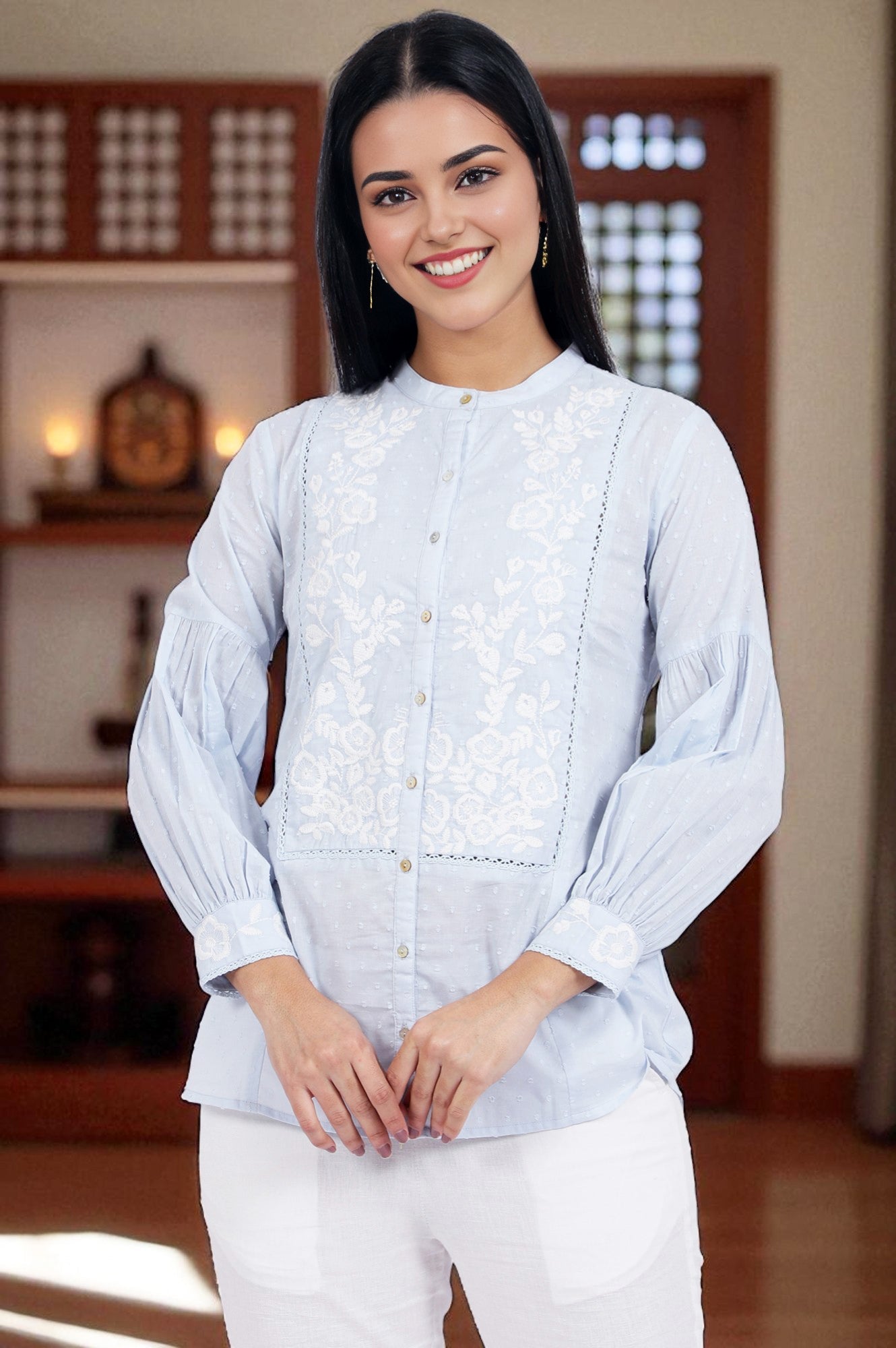 Blue Embroidered Pure Cotton Straight Top