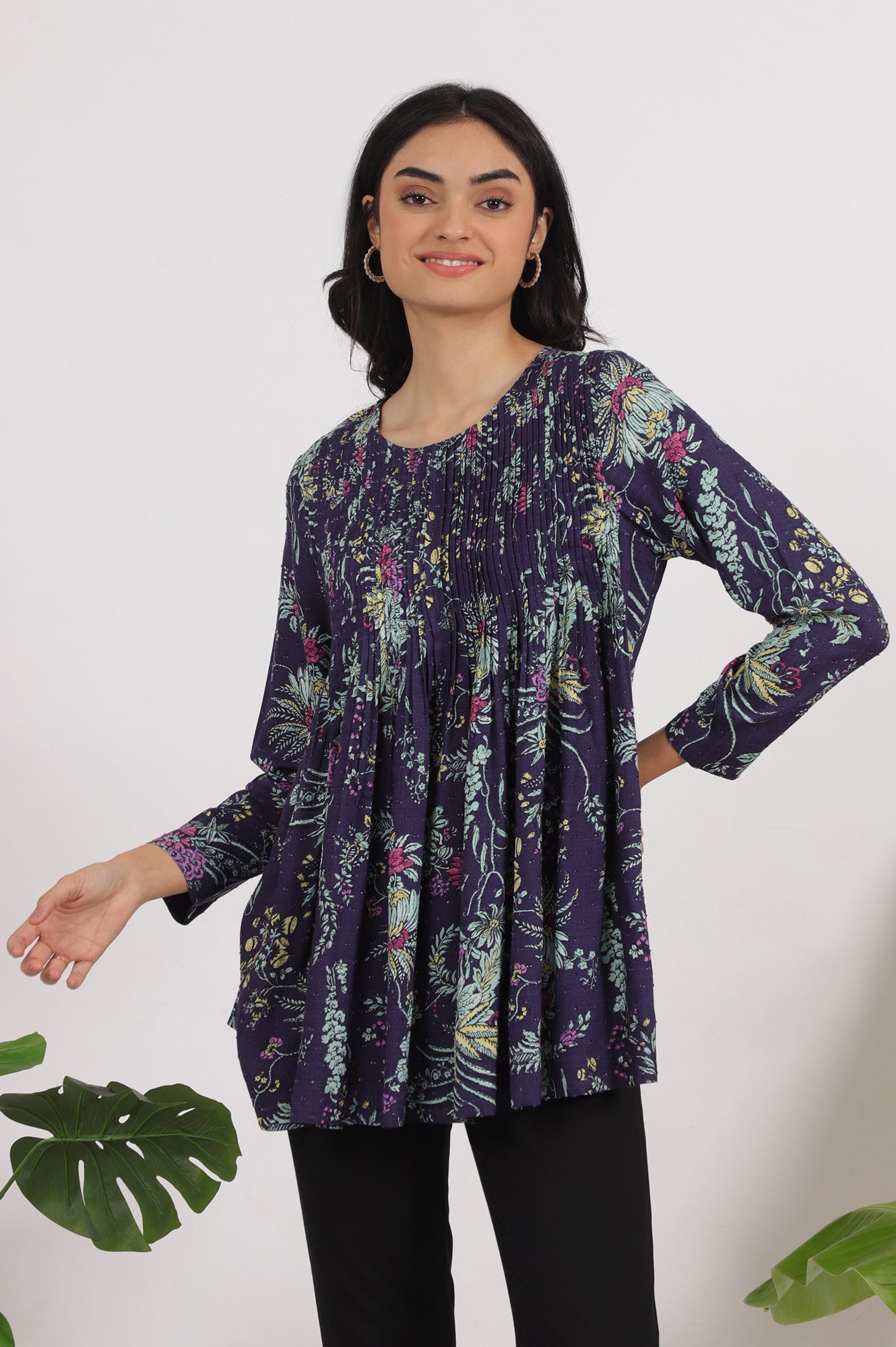 Grey Printed Swiss Dot A-line Pleated Top