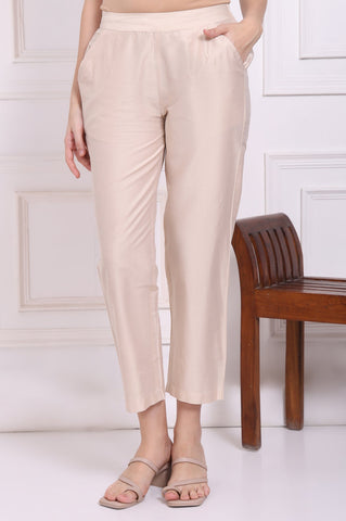 Beige Solid Rayon Straight Pants