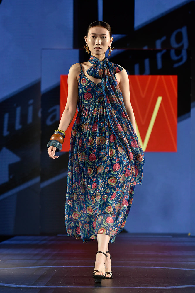 Blue Floral Printed Chiffon Spaghetti Gathered Kurta, Pants and Dupatta Set