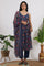 Blue Floral Printed Chiffon Spaghetti Gathered Kurta, Pants and Dupatta Set