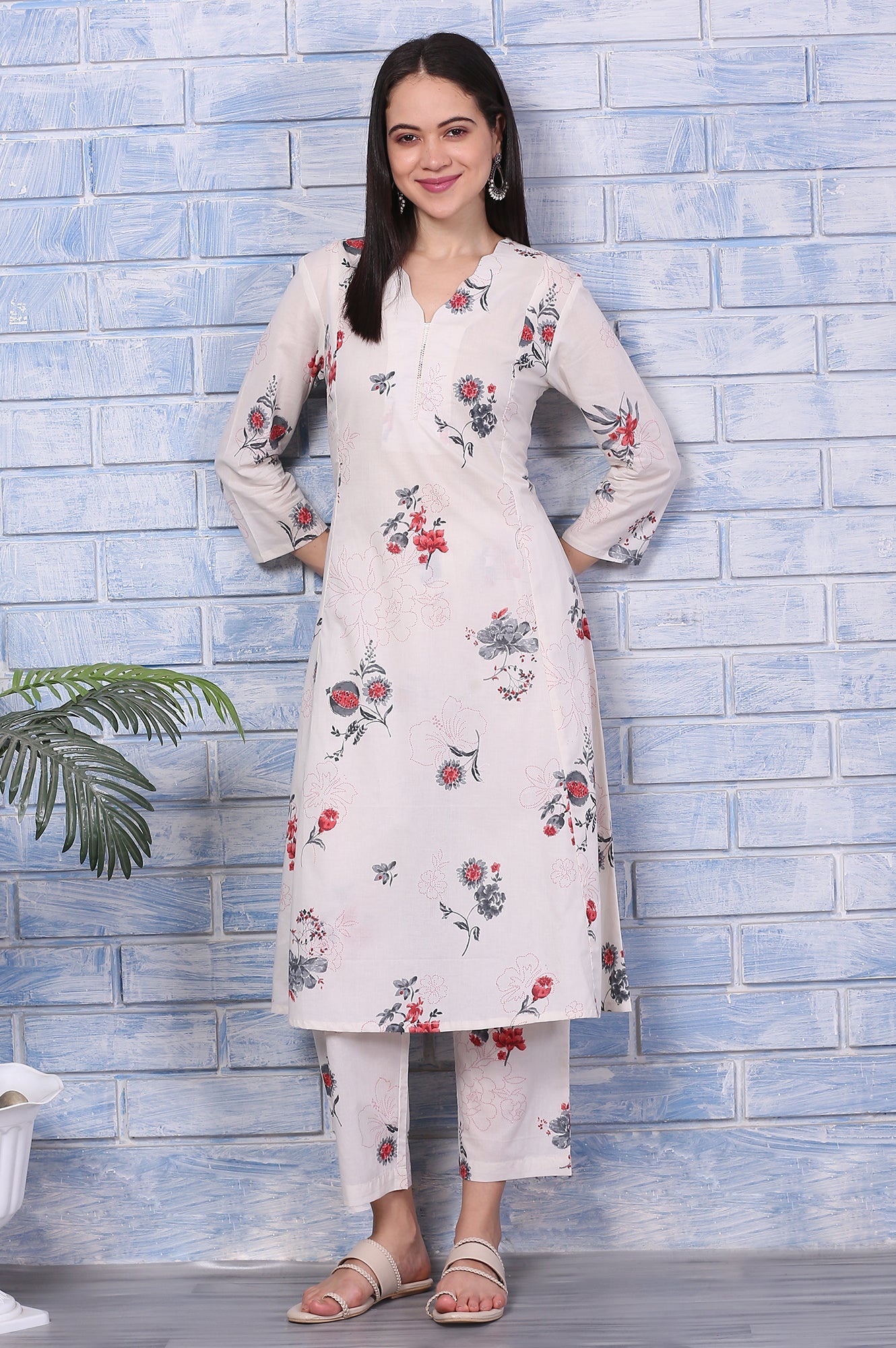 Off-White Floral Printed Pure Cotton A-line Kurta and Pants Co-ord Set