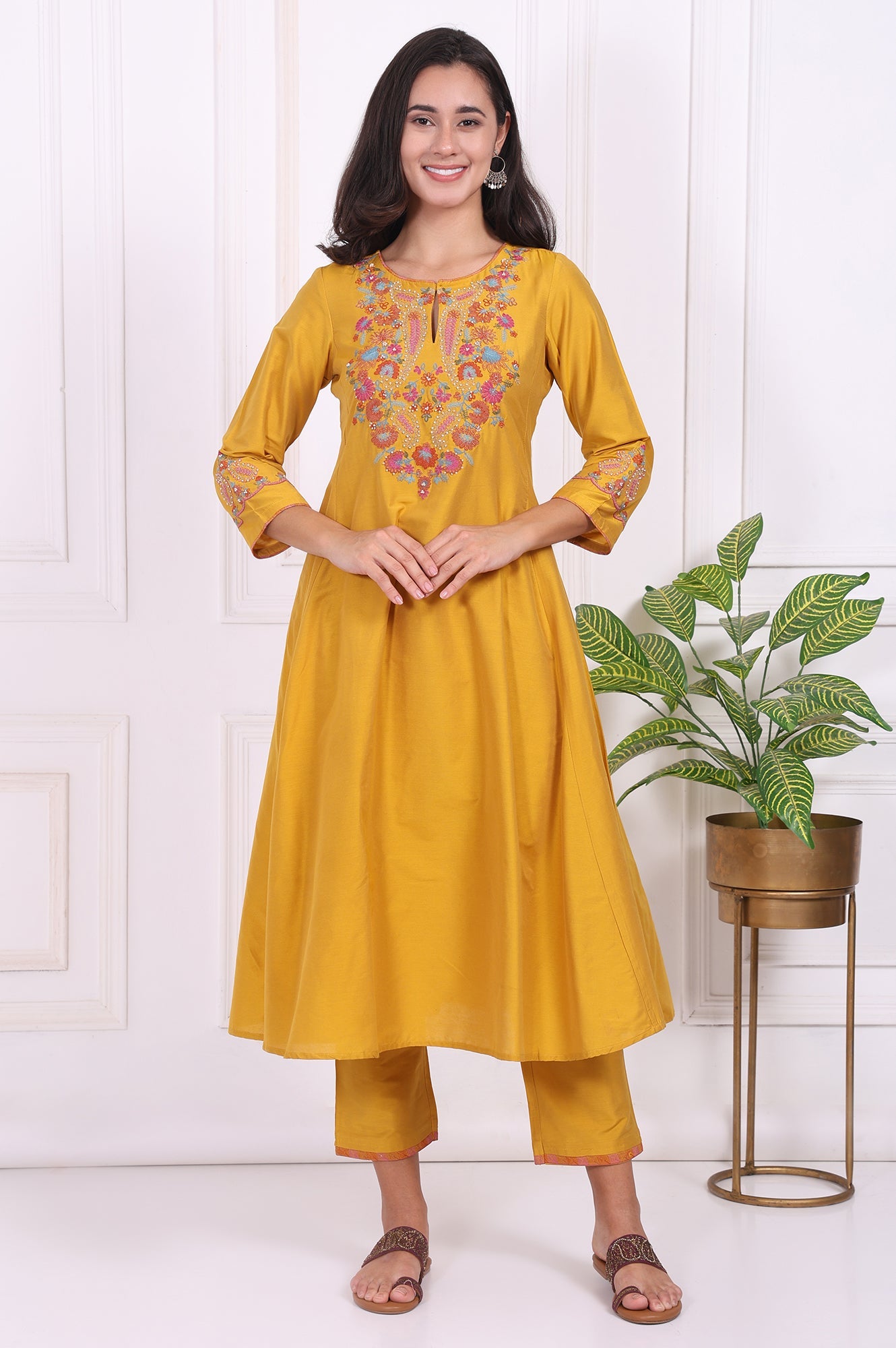 Yellow Embroidered Flared Kurta