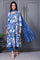 Blue Floral Printed Lace Rayon Flared Kurta, Pants and Dupatta Set