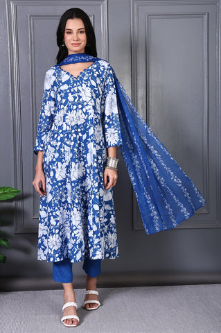 Blue Floral Printed Lace Rayon Flared Kurta, Pants and Dupatta Set