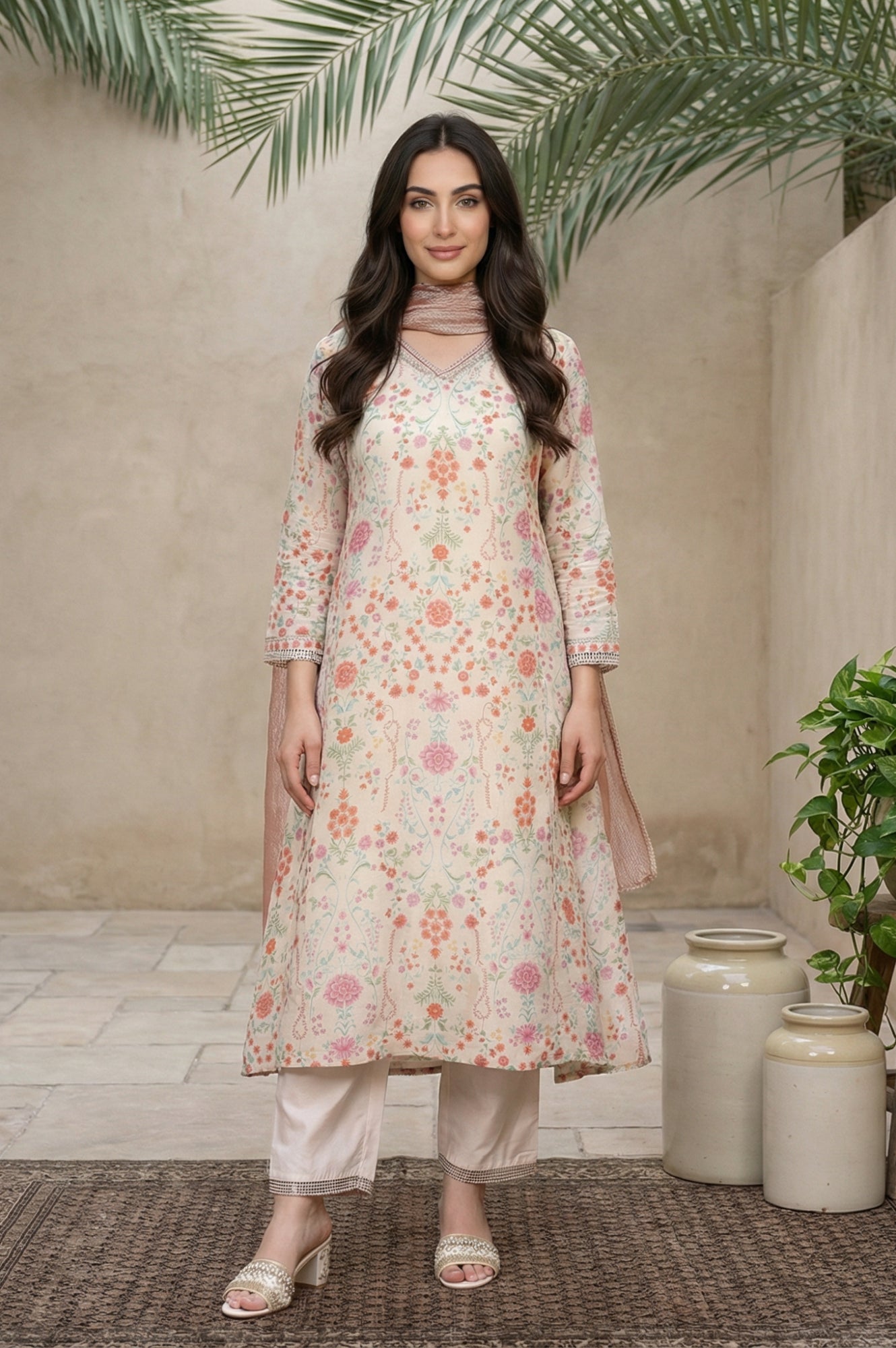 Cream Floral Printed Tissue A-Line Kurta with Straight Pant and Dupatta Set