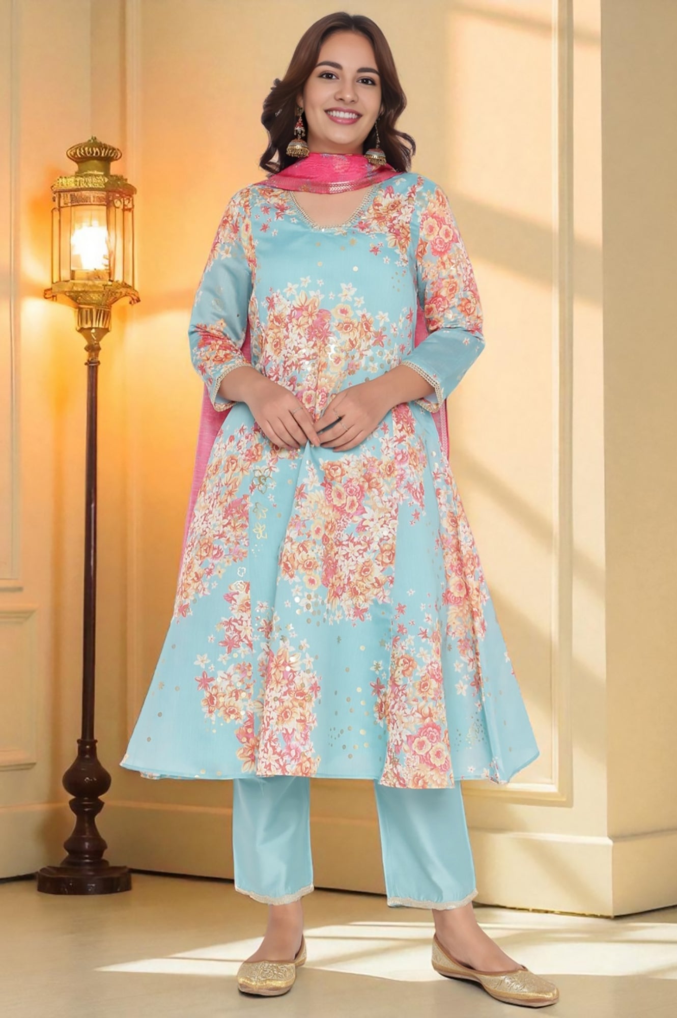 Blue Printed Chanderi Flared Kurta, Straight Pant and Dupatta Set