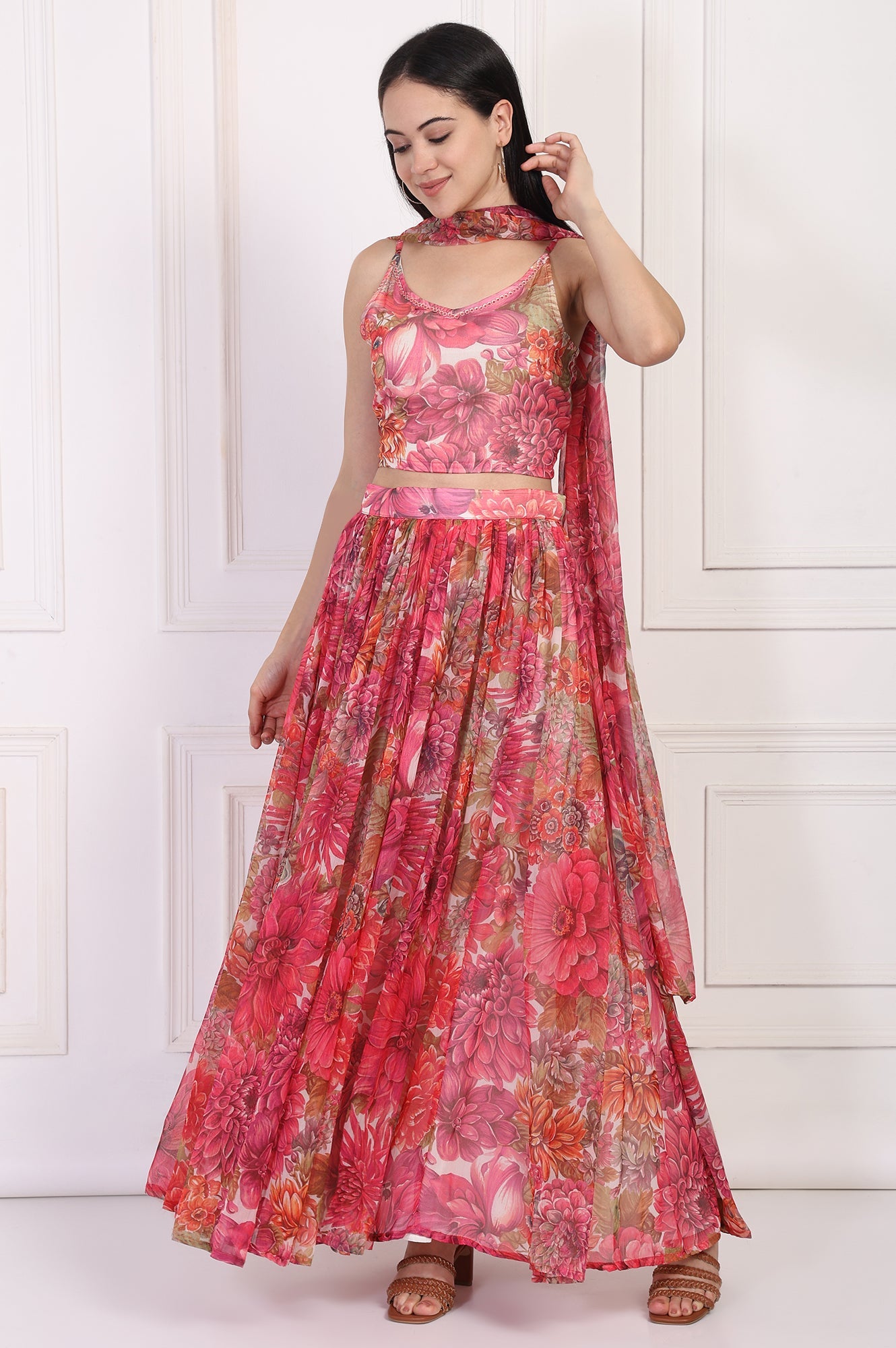 Pink Bold Floral Printed Embellished Georgette Spaghetti Crop Top with Flared Skirt and Dupatta Set