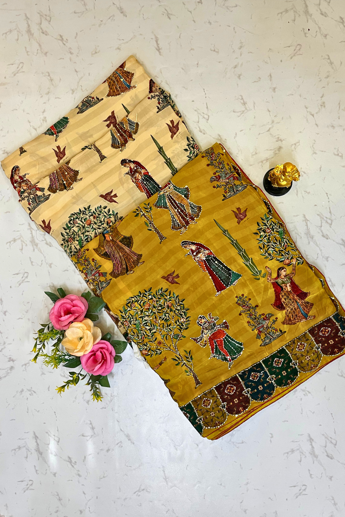 Mustard Yellow Printed Saree with Traditional Rajasthani Motifs & Artistic Border